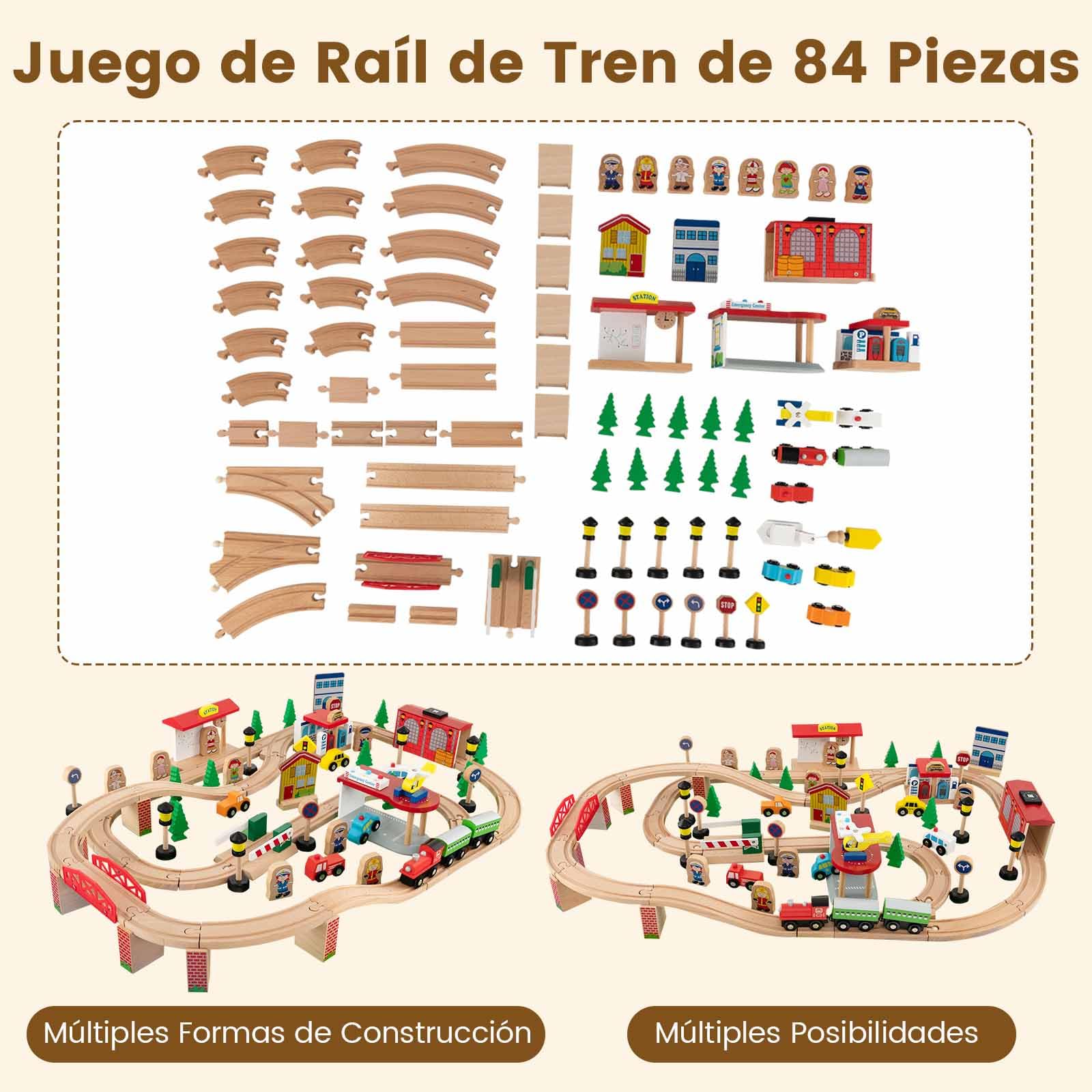 COSTWAY Solid Wood Train Table Set with 84-Piece Track, Storage Drawer & Natural Wooden Train Play Table for Kids Ages 3+ (97x62.5x39.5cm) - Perfect for Preschool Playrooms, Daycare Centers & Toddler Gift Ideas