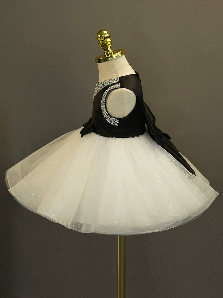 Black Princess Round Tea Length Satin Flower Girl Dress for Weddings, Flower Girls & Special Occasions