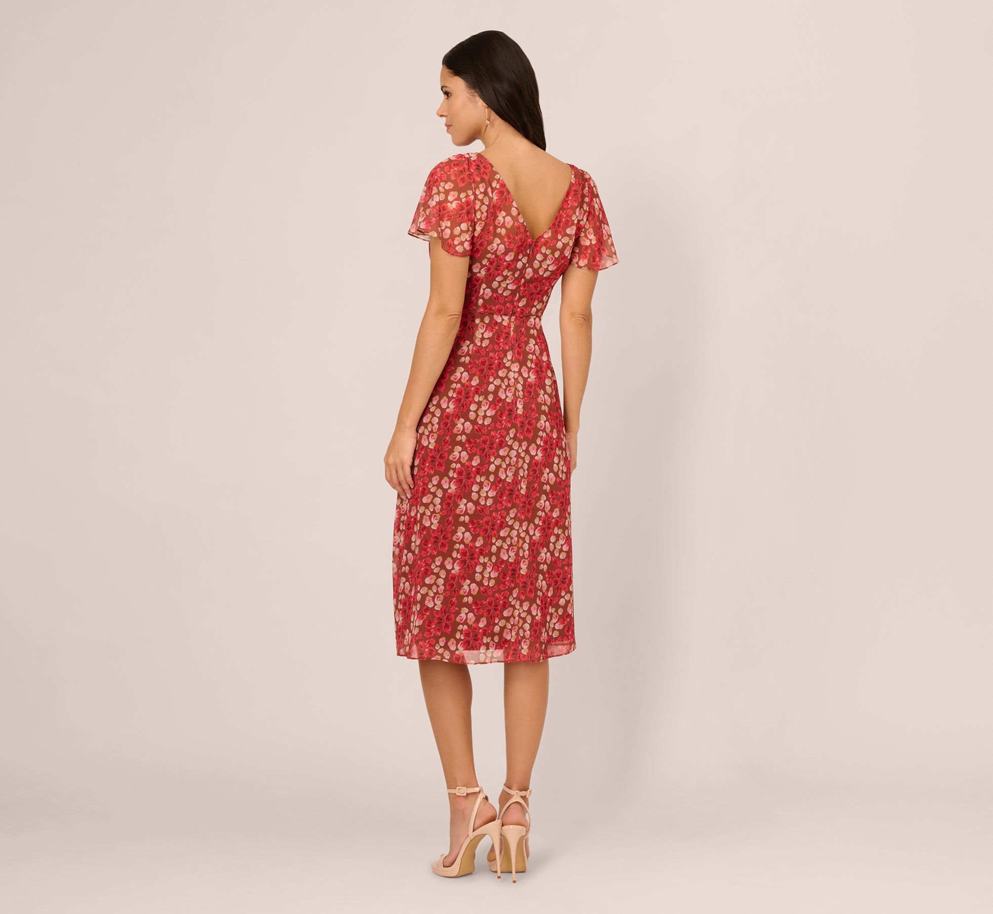 Flutter Sleeve Boat Neck Floral Chiffon Midi Dress - Women's Elegant Summer Dress with Flowy Fabric in Mocha Multi Color | Perfect for Beach Vacations, Garden Parties & Date Nights