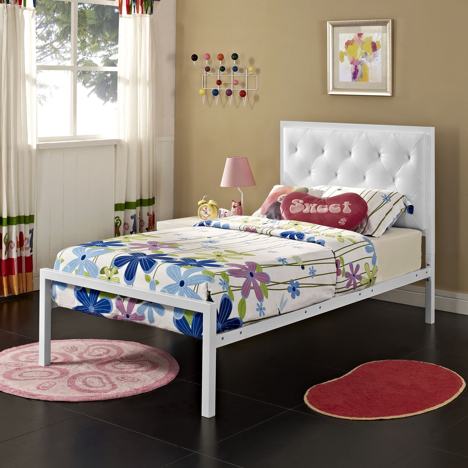 Modway Mia Tufted Faux Leather Twin Size Platform Bed Frame - White Upholstered Bed with Wooden Slats Support | Perfect for Small Bedrooms, Guest Rooms & Dorm Rooms