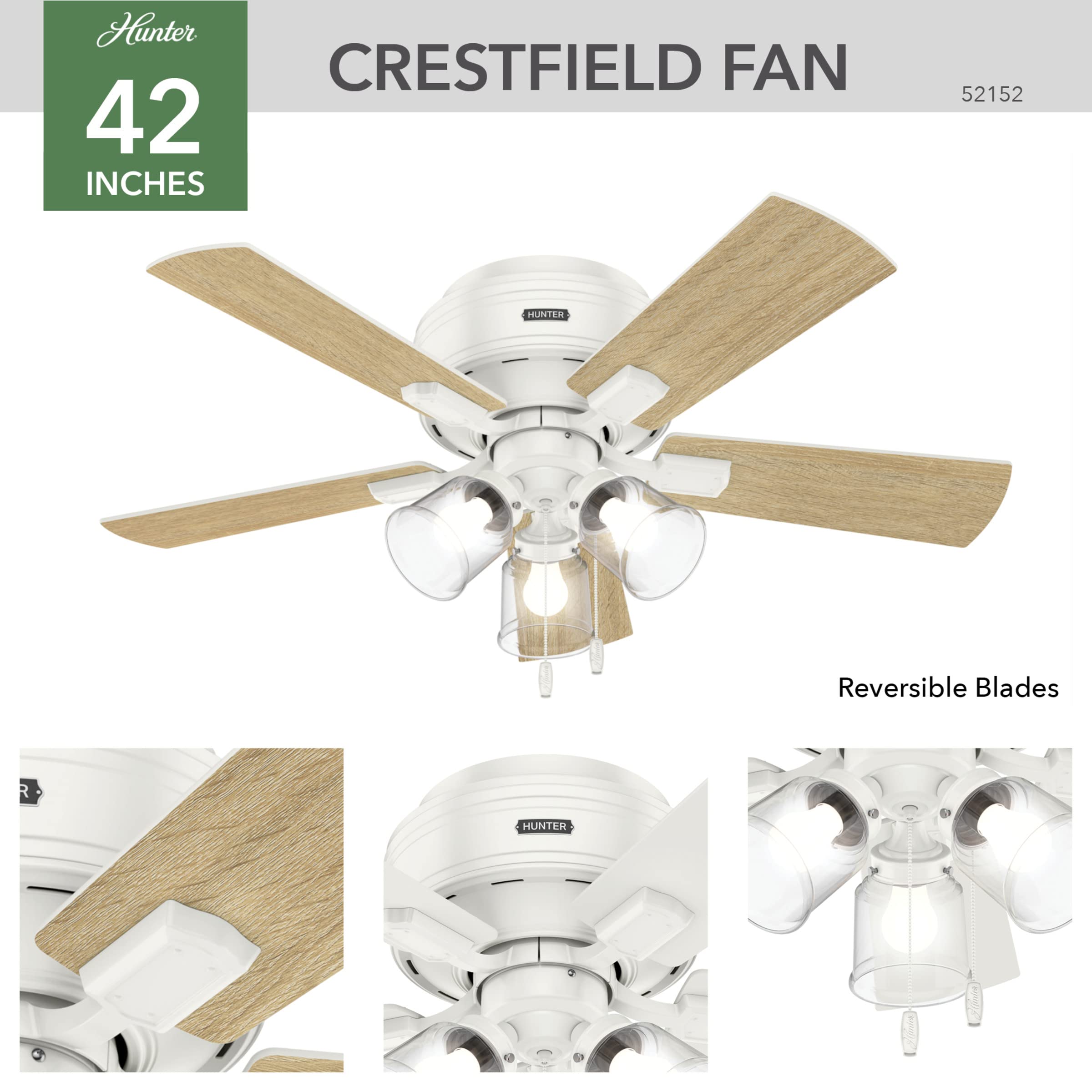 Hunter Fan Company 52152 42 Inch Crestfield Fresh White Low Profile Ceiling Fan with LED Light Kit and Pull Chain - Perfect for Bedrooms, Living Rooms, and Indoor Spaces