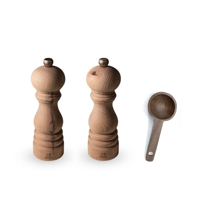 Peugeot Paris Nature 7 Inch Salt and Pepper Mill Set with Wooden Scoop - Premium Stainless Steel Grinder for Kitchen, Dining Table & Gift Giving