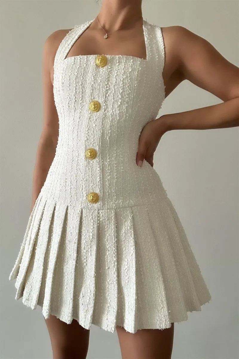 Christine Halterneck Tweed Mini Dress for Women - Elegant Vintage Style Party Cocktail Dress for Night Out, Date Night, and Special Occasions