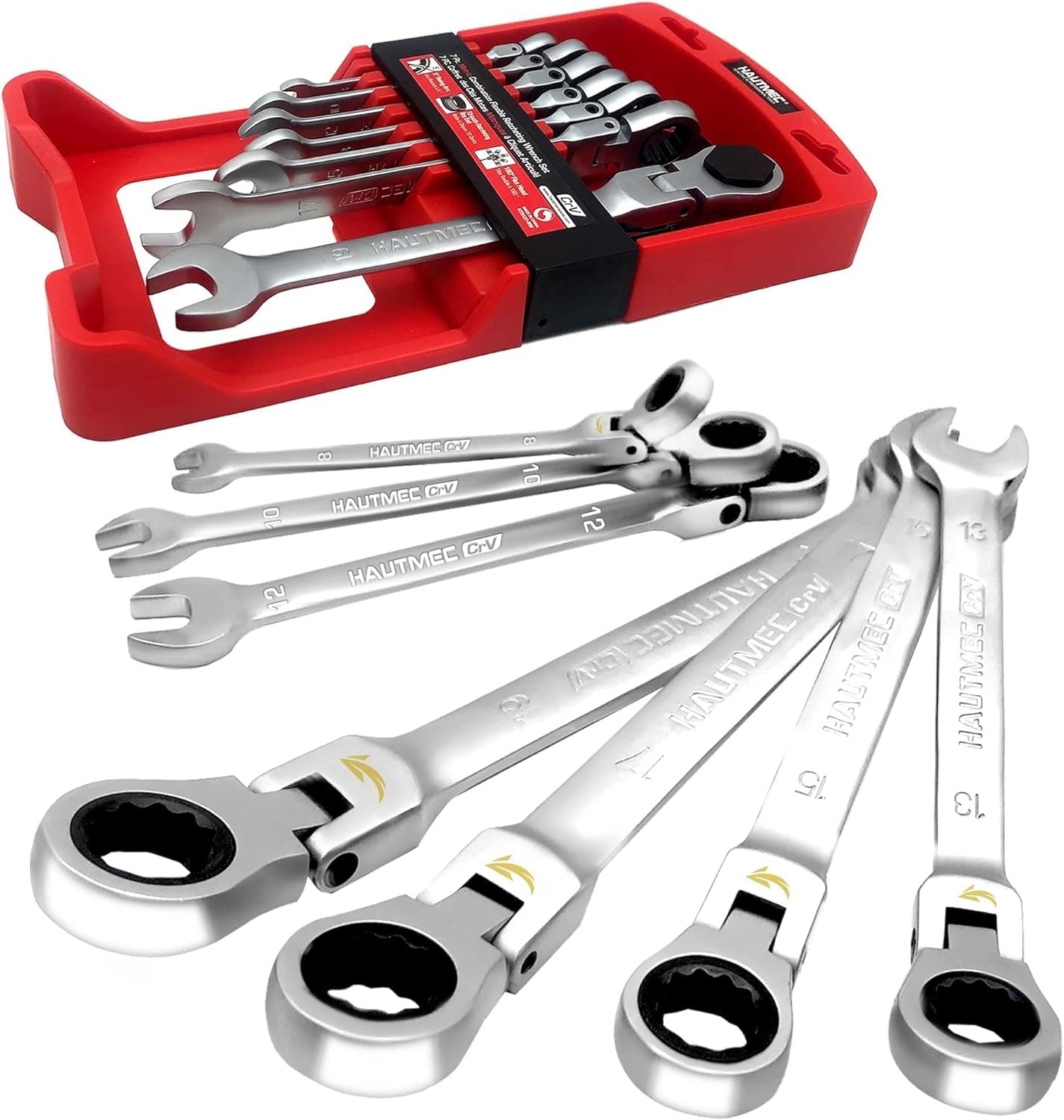 HAUTMEC 7-Piece Flex-Head Ratcheting Combination Wrench Set - Metric 8-19mm, 72-Tooth Chrome Vanadium Steel with Storage Rack - Professional Automotive Tools for Mechanics, DIY Car Repair & Home Maintenance (Ideal for Tight Spaces & Engine Work)