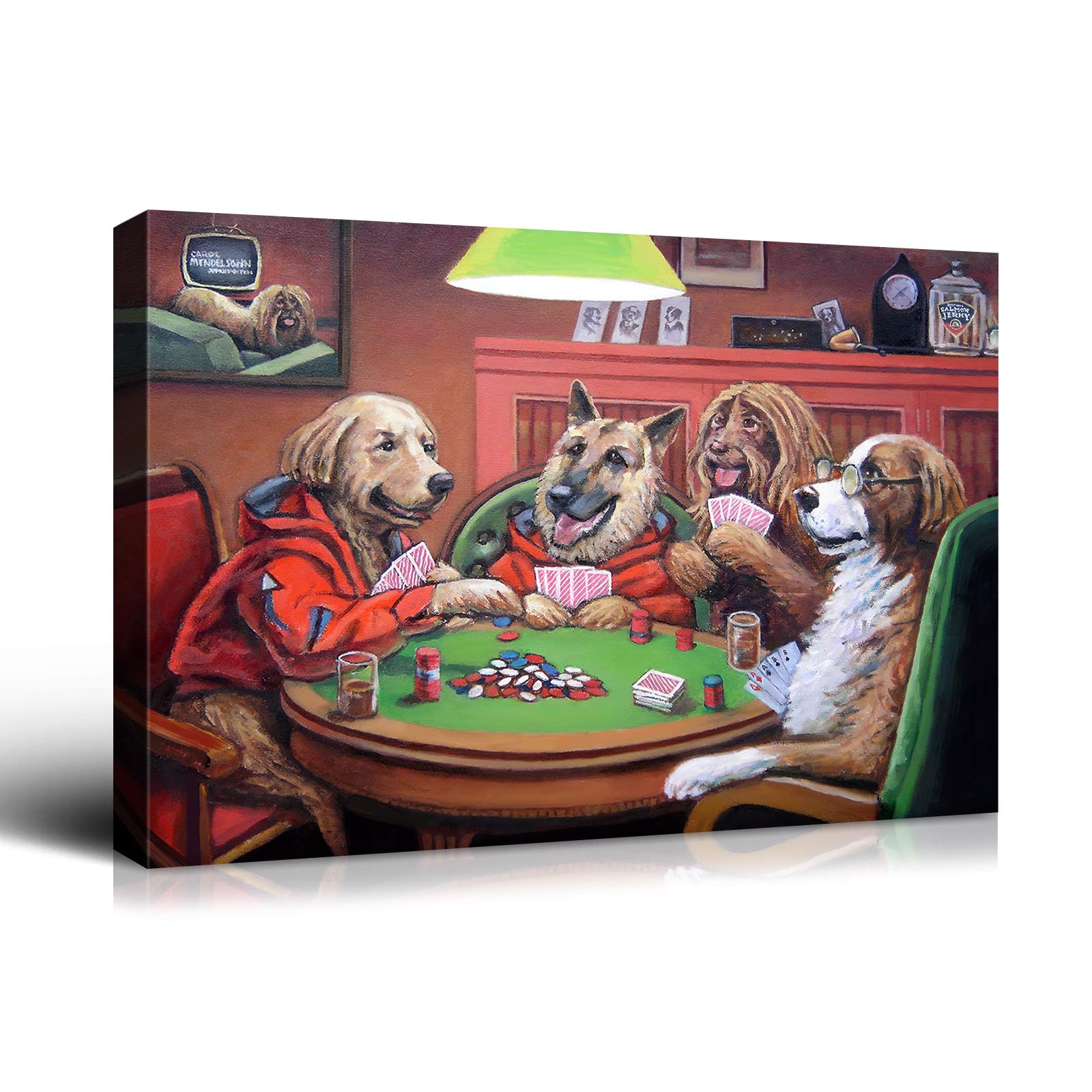Denozer - Dogs Playing Poker by Cassius Marcellus Coolidge Oil Painting Reproduction - Premium Giclee Canvas Print, Gallery Wrapped & Ready to Hang (48x32 inches) - Perfect for Entertainment Room, Game Room, or Man Cave Wall Decor