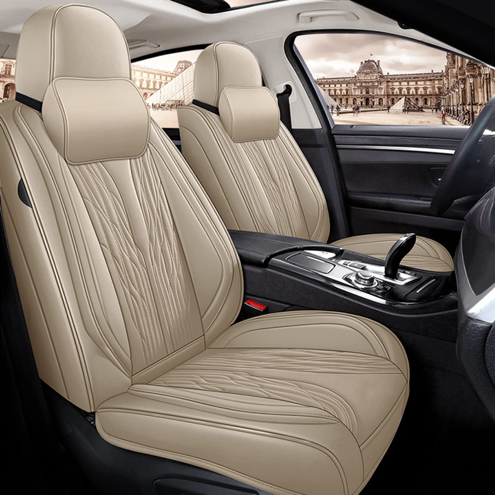 Premium Full-Coverage Leather Car Seat Covers - Universal Fit for Most Vehicles (2022 Models) - Durable, Stain-Resistant & Removable Auto Interior Accessories - Beige - Perfect for Daily Commute, Road Trips & Protecting Your Car Seats