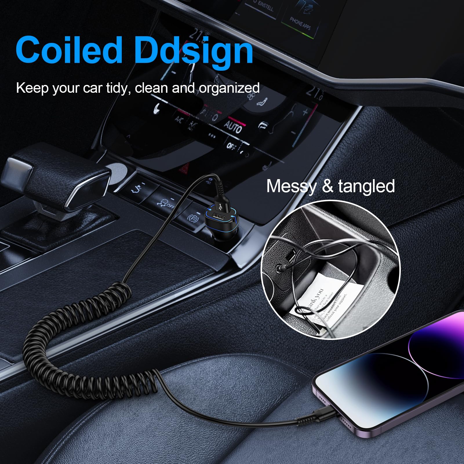MFi Certified Coiled USB A to Lightning Cable 6FT - Fast Charging Retractable Car Charger for iPhone 14/13/12/11/X/8 - Perfect for Apple CarPlay & Safe Driving