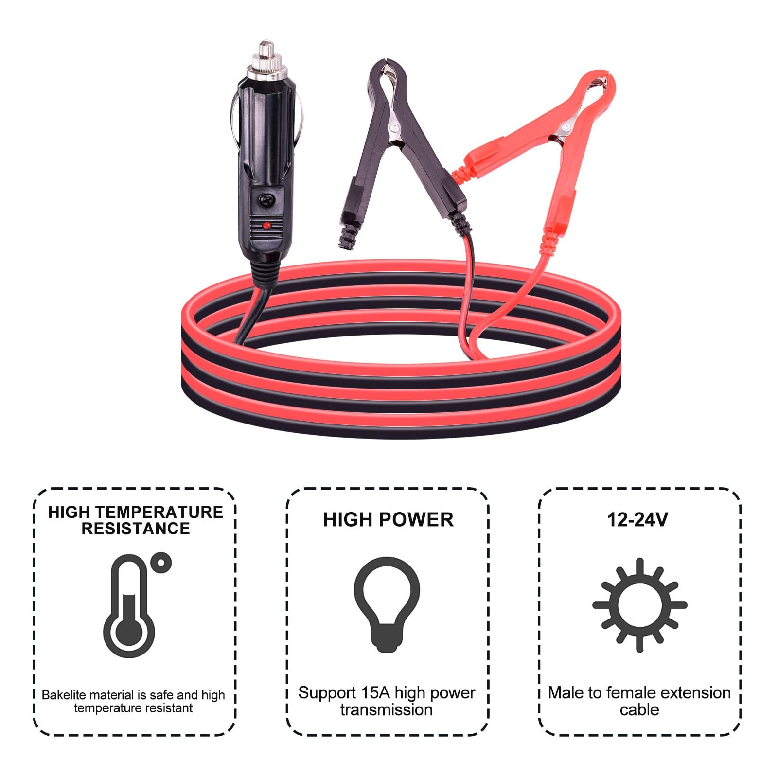 12V Heavy-Duty 16AWG Cigarette Lighter to Alligator Clips Battery Charger Cable with 15A Fuse - 9.8FT Extension Cord for Car Jump Start, Power Inverters & Emergency Battery Charging
