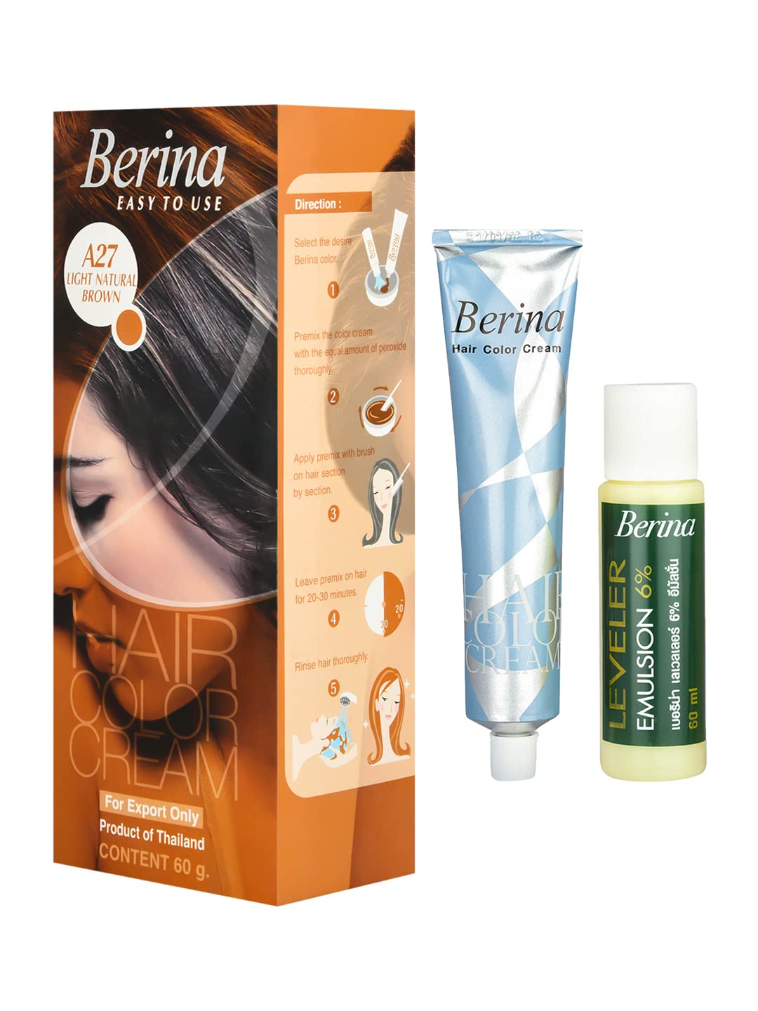 Berina A Series Cream Hair Color - Full Coverage Long Lasting Dye with Developer & Protein Conditioner - 60gm (A27 Light Natural Brown) for Men & Women - At-Home Salon Quality Hair Coloring for Gray Coverage & Vibrant Tones
