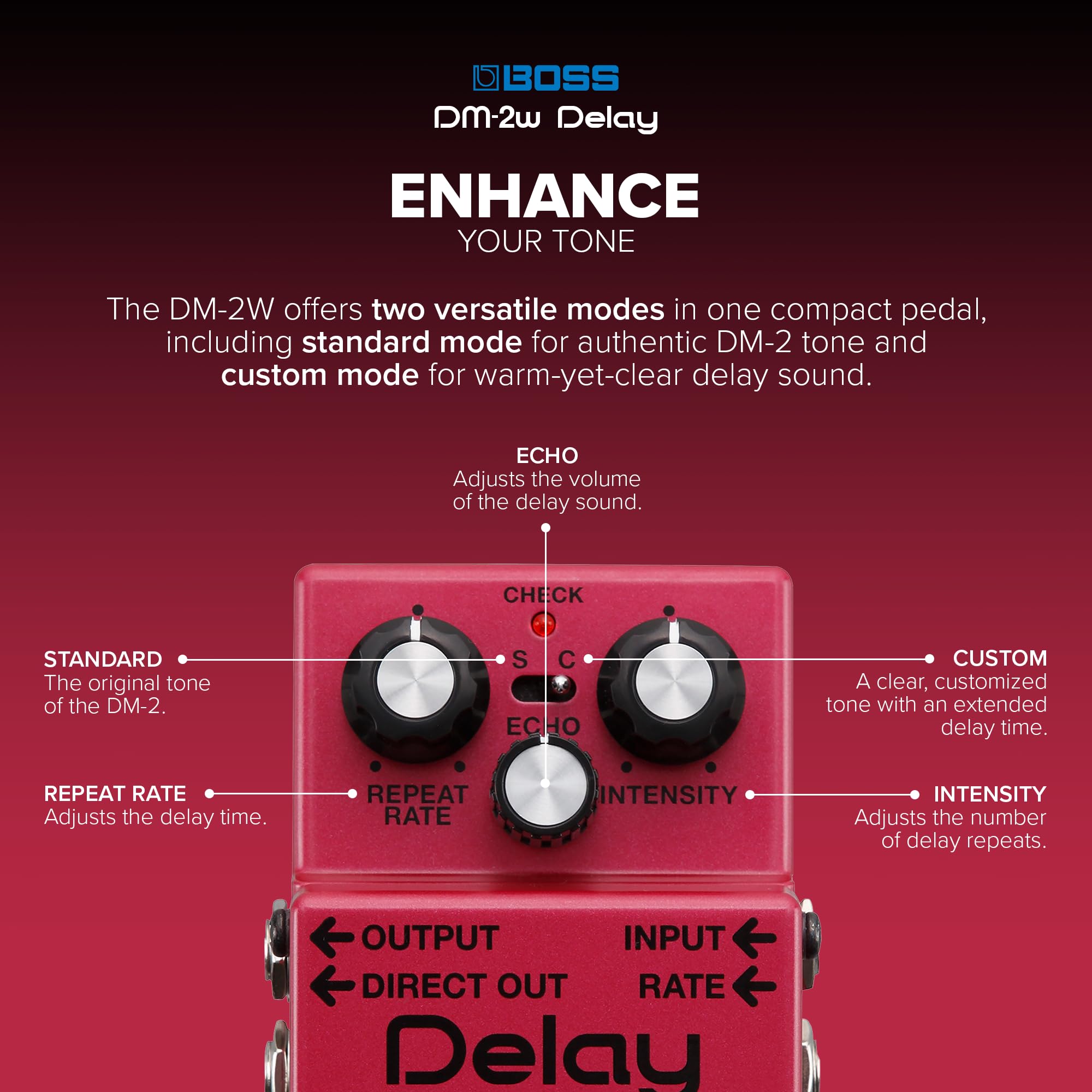 Boss DM-2W Waza Craft Analog Delay Guitar Effects Pedal - Vintage-Style Echo for Electric Guitar, Studio & Stage Use
