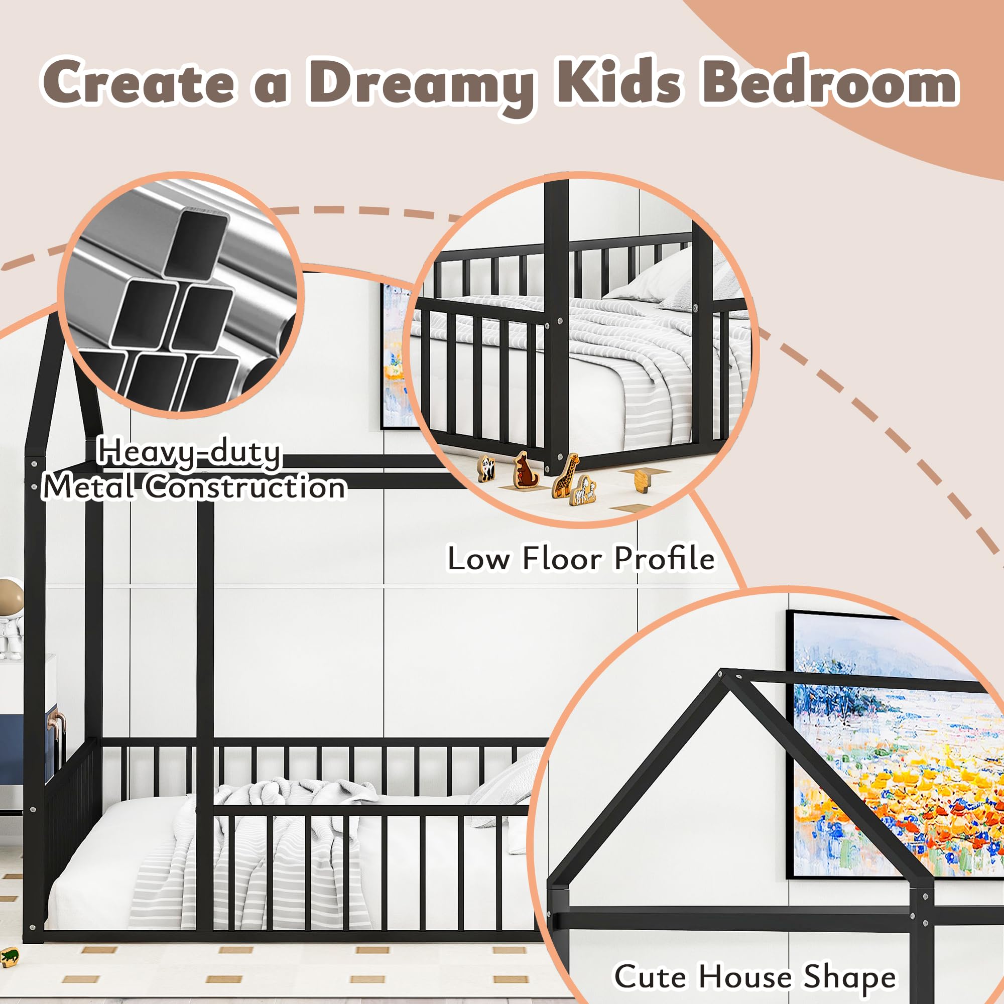 Montessori Floor Bed for Kids - Full Size Metal House Bed Frame with Safety Fence, Black Playhouse Toddler Bed for Boys & Girls - Perfect for Montessori Bedrooms, Playrooms & Safe Sleep Spaces