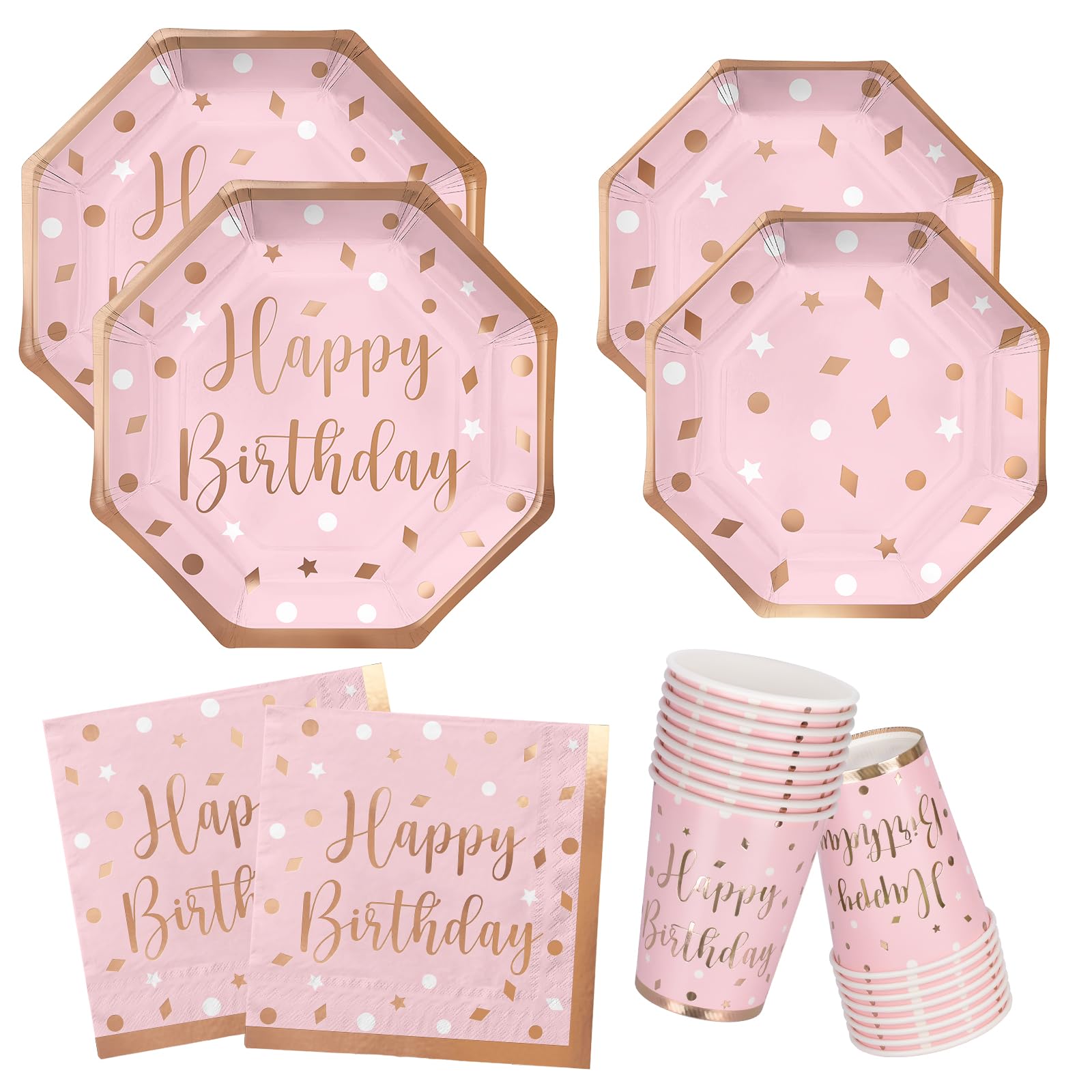 Gatherfun Rose Gold Birthday Party Supplies Set - 16-Pack Disposable Paper Plates, Napkins & Cups for Women's Celebration - Elegant Tableware for Bridal Showers, Baby Showers & Birthday Parties