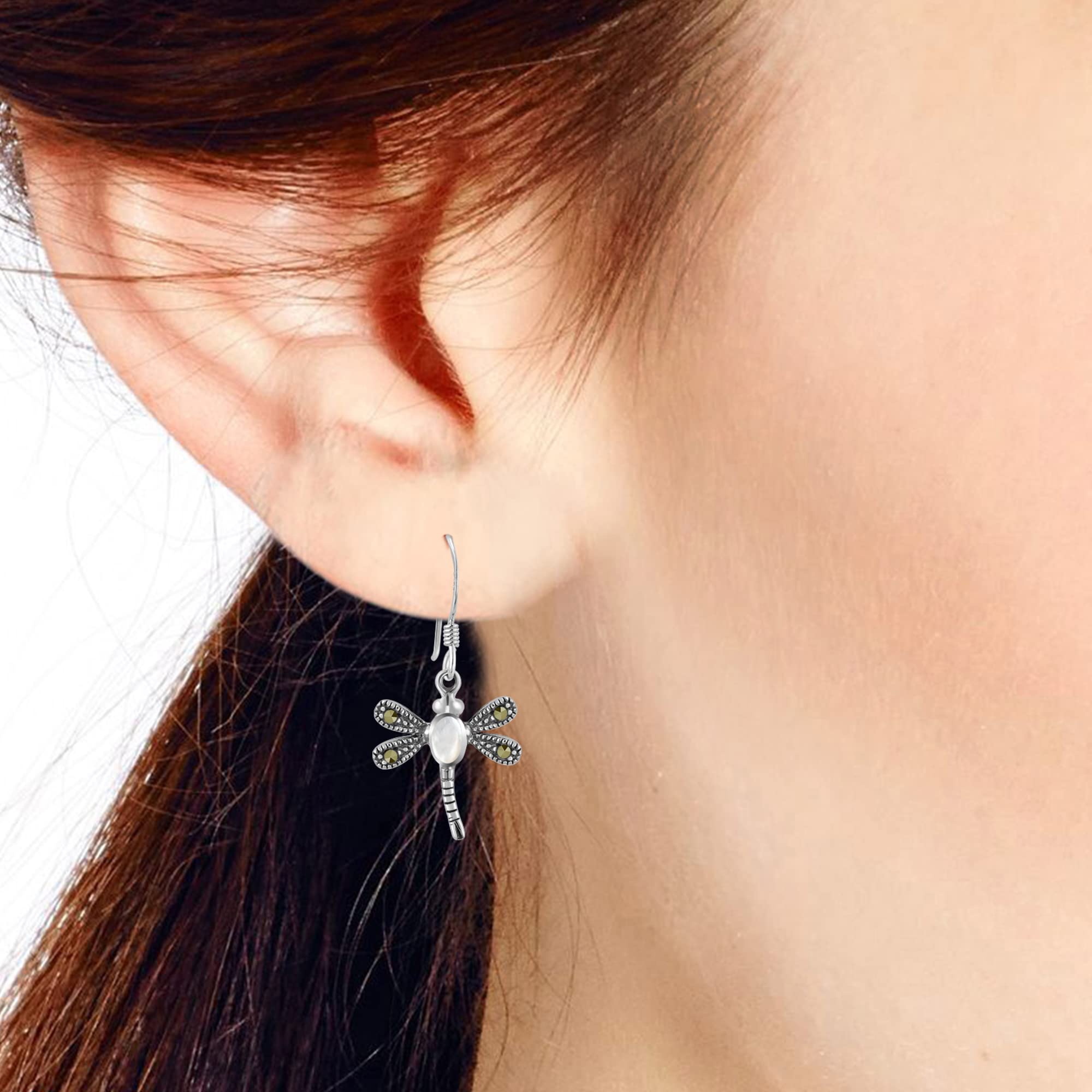 AeraVida Elegant White Mother of Pearl & Marcasite Dragonfly .925 Sterling Silver Dangle Earrings for Women | Fashionable Animal-Inspired Jewelry Gift for Daughter | Perfect for Weddings, Parties & Everyday Wear