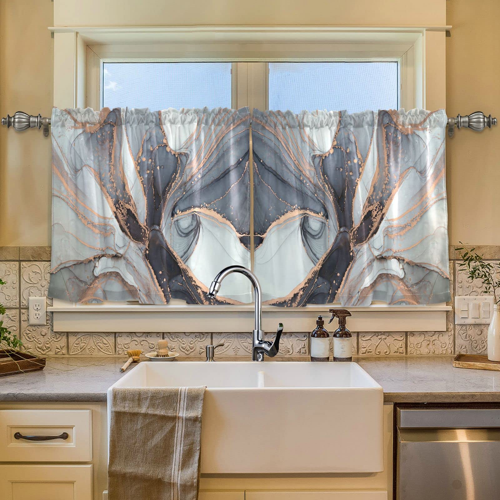 DOMIKING Fluid-Art Kitchen Curtains Set with Valance - 57x36 Inch Rod Pocket Short Window Drapes for Bathroom, Bedroom & Living Room - Farmhouse Decor for Cozy Home & Rustic Style