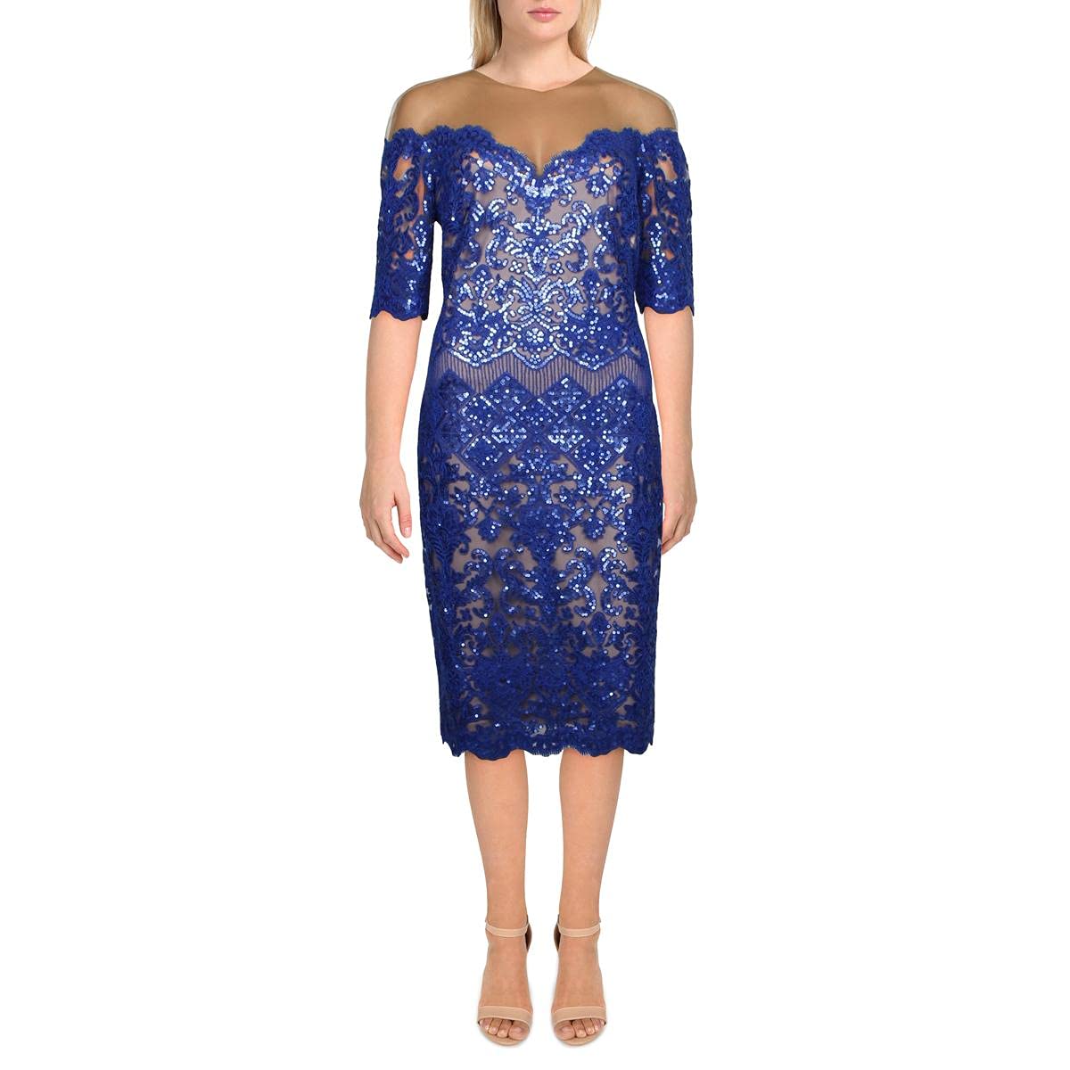 Tadashi Shoji Women's Short Sleeve Sequin Party Dress with Illusion Neckline - Elegant Evening Gown for Cocktail Parties, Weddings & Special Occasions