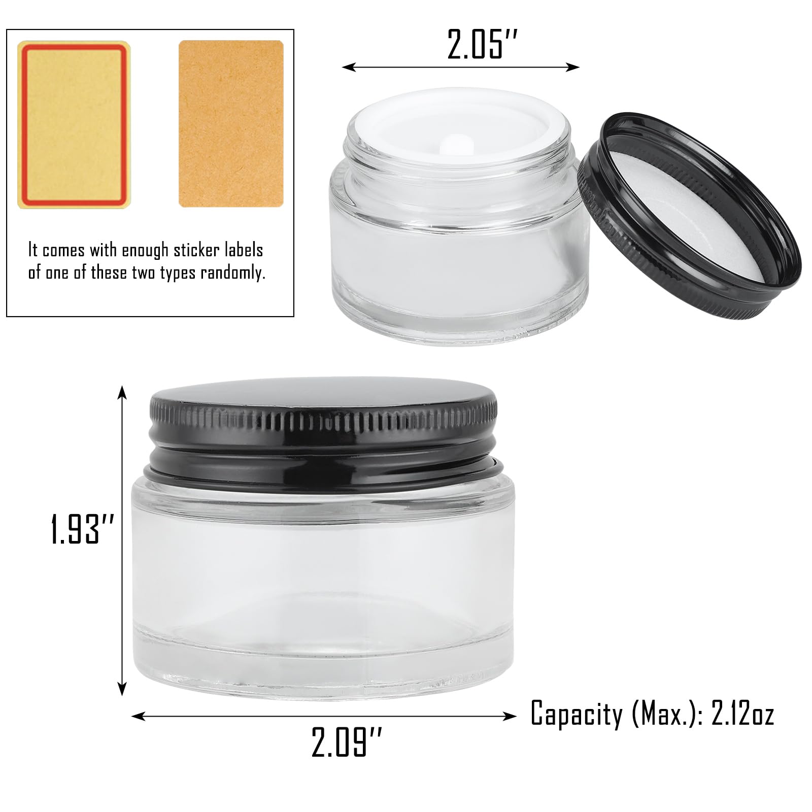 24 Pack 2oz Clear Glass Jars with Black Metal Lids - Small Empty Cosmetic Containers with Inner Liners - Travel-Sized Lotion Jars with Labels - Perfect for DIY Beauty Products, Travel Toiletries & Home Organization