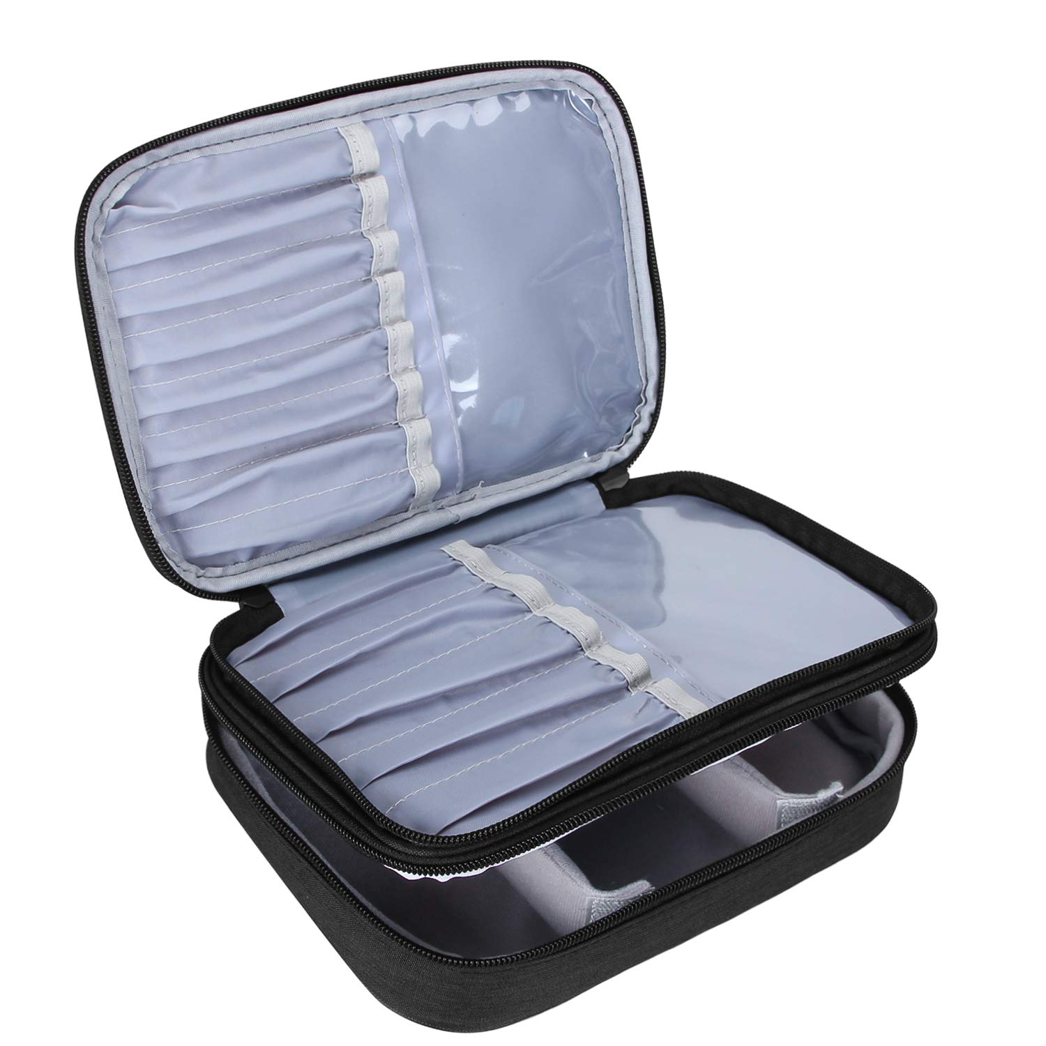 Teamoy Professional Travel Makeup Brush Organizer Case - 8.8 Inch Cosmetic Train Bag with Handle Strap for Brushes & Makeup Essentials (Medium, Black) - Perfect for Travel, Salon & Home Makeup Organization