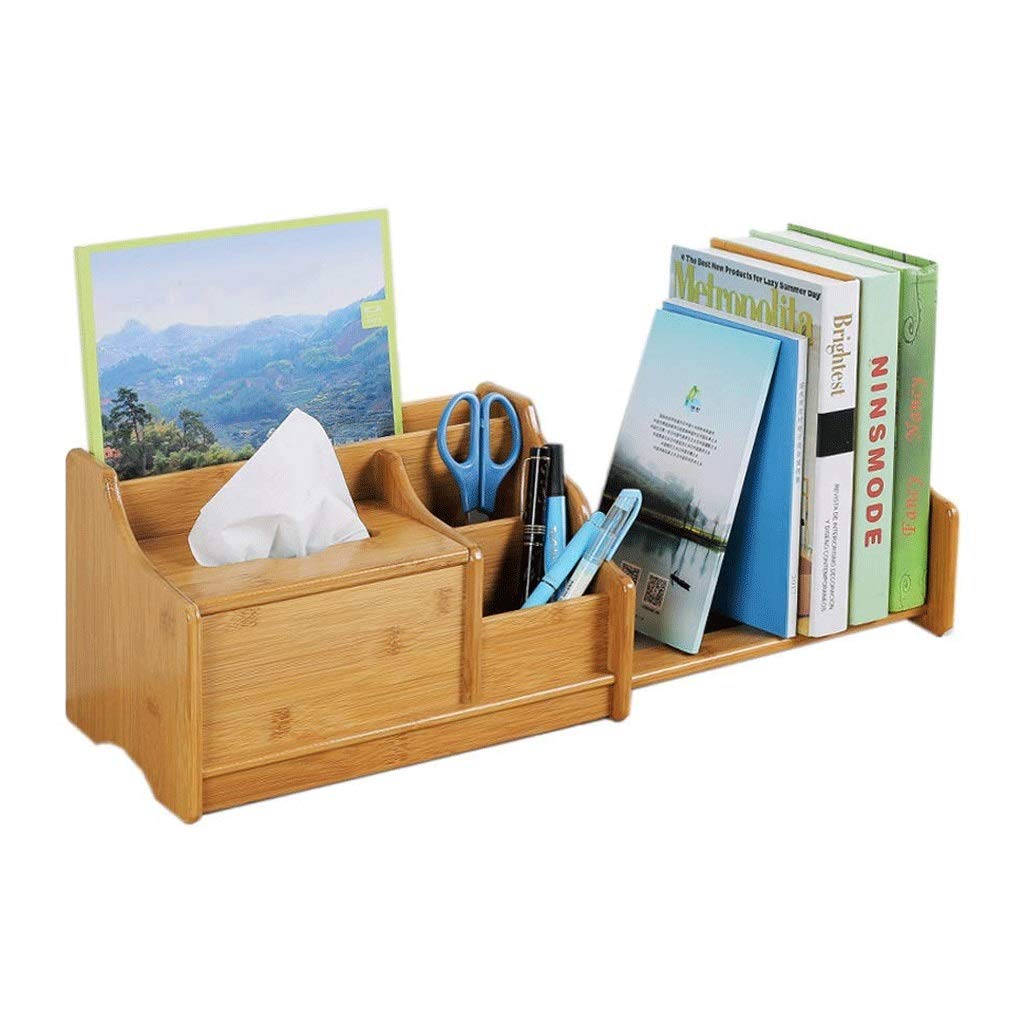 Adjustable Bamboo Wood Desktop Bookshelf & Desk Organizer with Drawers - Small Bookcase for Office, Home, or Dorm - Natural Wood Display Shelf for Books, Supplies & Decor