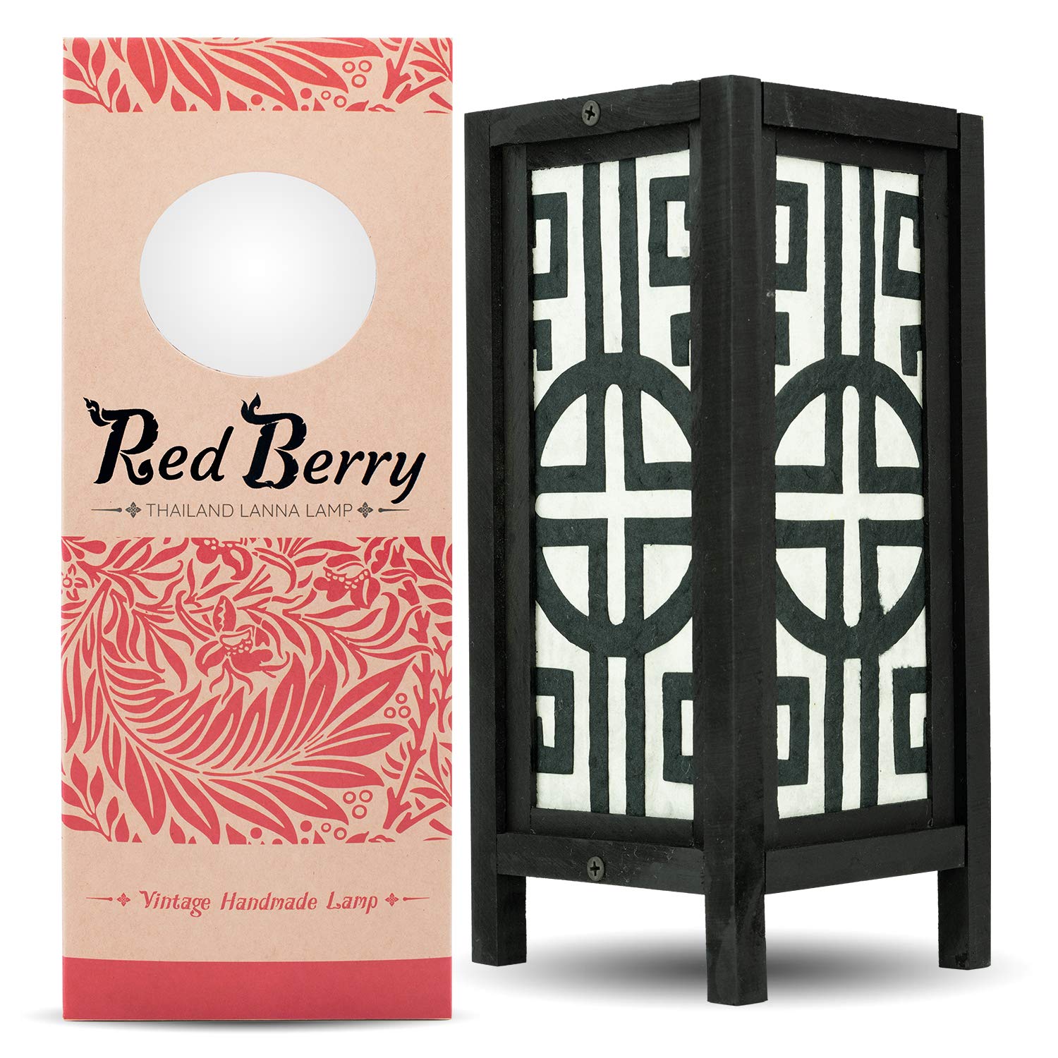 RED BERRY THAILAND LANNA LAMP - Handcrafted Asian Bedside Lamp for Bedroom, Nightstand, Desk & Living Room | Japanese & Chinese Inspired Design in Black & White | Perfect for Meditation Spaces, Zen Decor & Cultural Home Accents (FNWK)