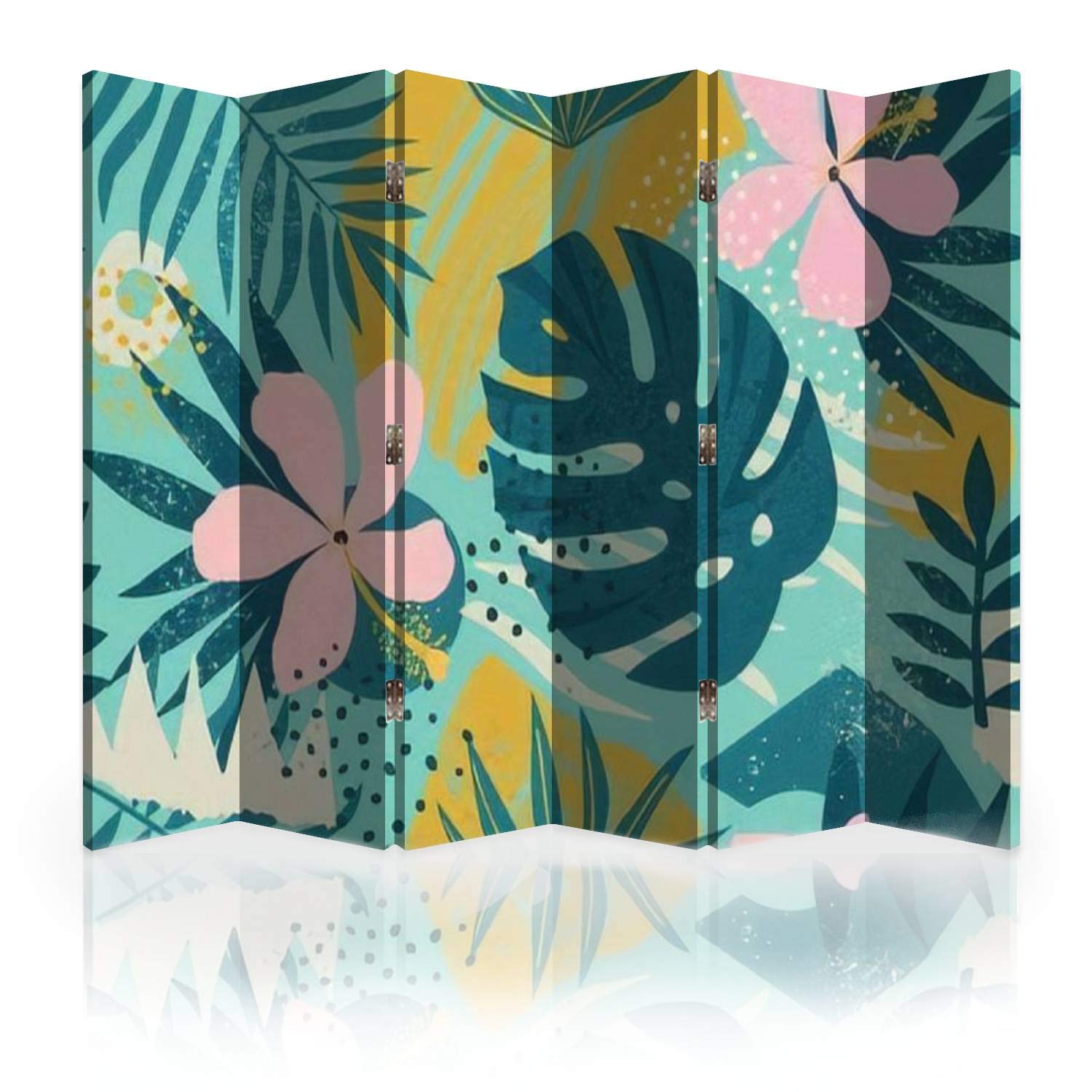 6-Panel Canvas Room Divider Screen with Tropical Flowers - Mid Century Modern Abstract Art Folding Privacy Partition for Living Room, Bedroom & Office