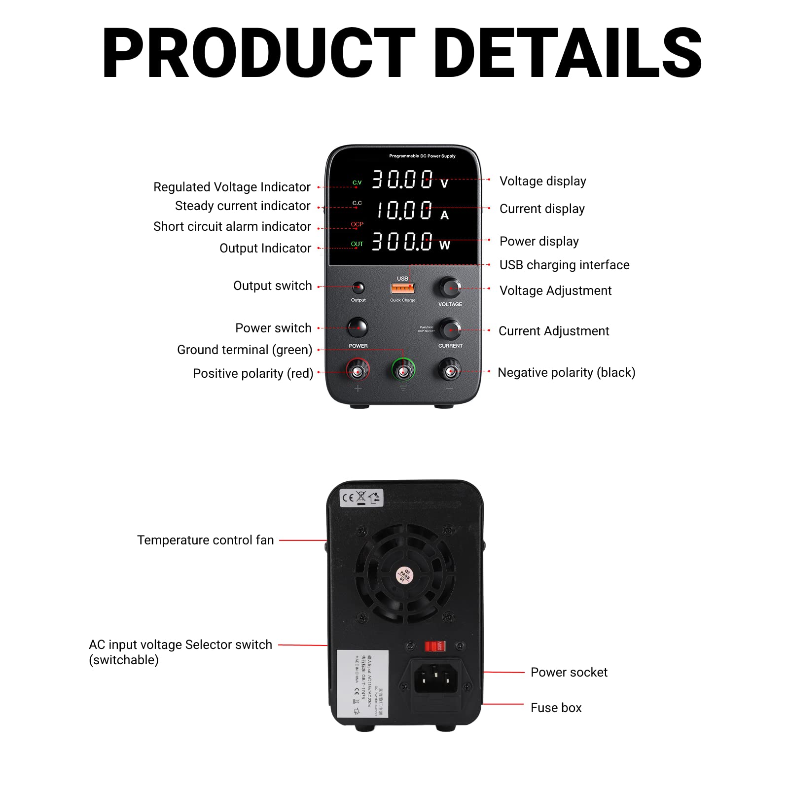 30V 10A Programmable DC Power Supply with USB & Digital Display - Adjustable Lab Bench Power Source for Electronics Repair, Notebook, Phone Testing (US Plug 115V) | Ideal for DIY Projects, Circuit Debugging & Device Charging