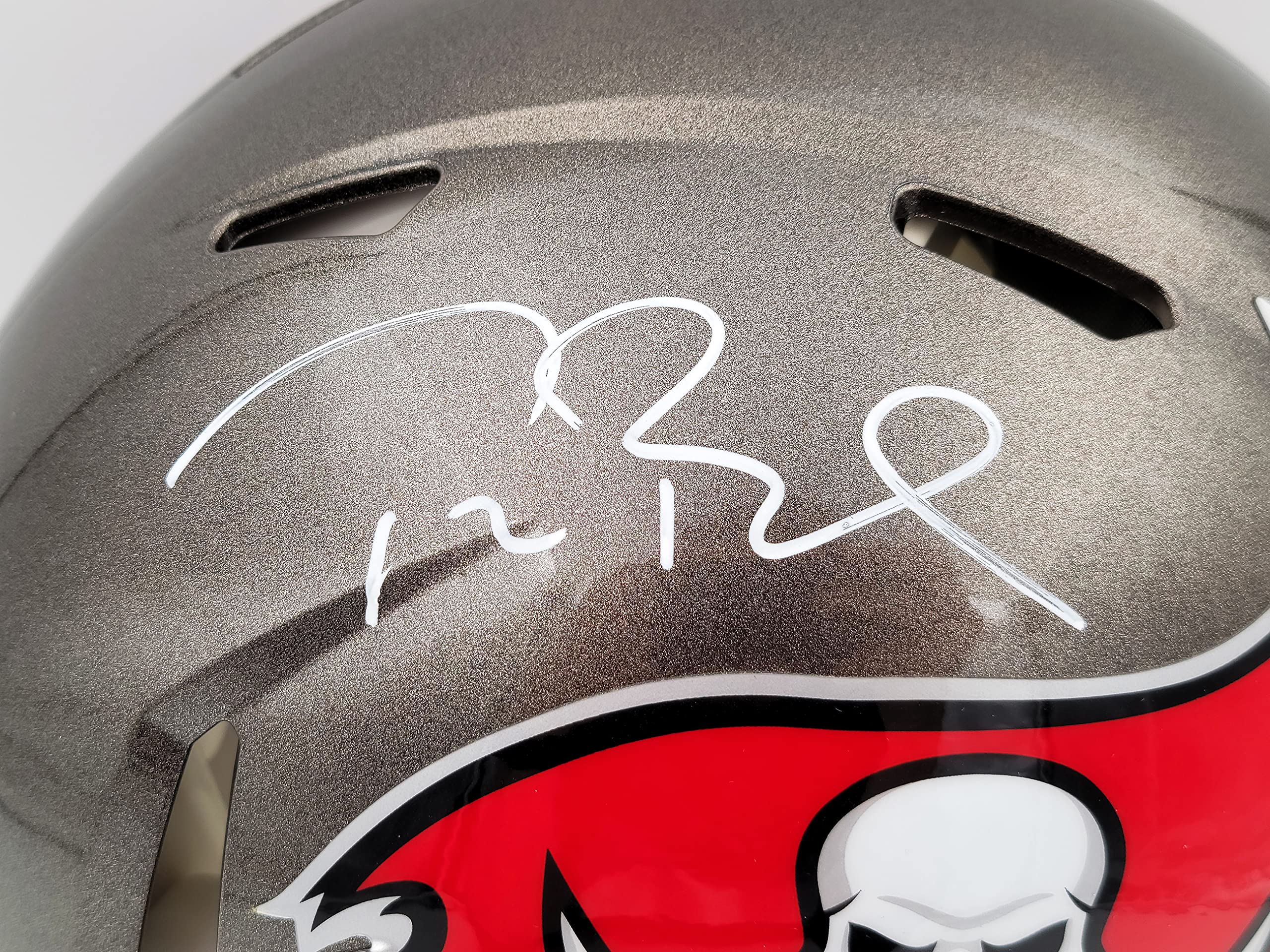Tom Brady Autographed Tampa Bay Buccaneers Gray Full Size Authentic Speed Football Helmet with Fanatics Hologram - Perfect for Sports Memorabilia Collectors and NFL Fans Display