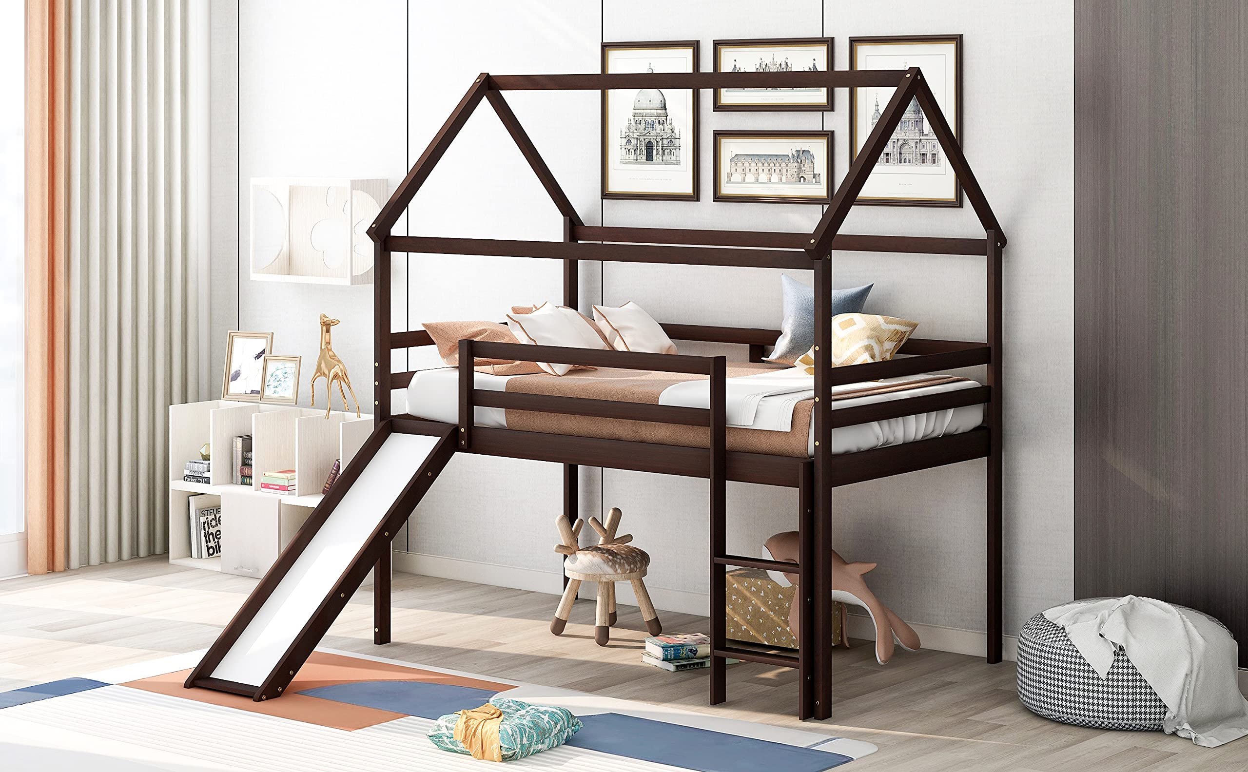 Solid Wood Kids Loft Bed with Slide - Twin Size Wooden House Bed Frame with Roof & Ladder - No Box Spring Needed - Espresso Finish - Perfect for Small Bedrooms, Playrooms & Kids' Sleepovers