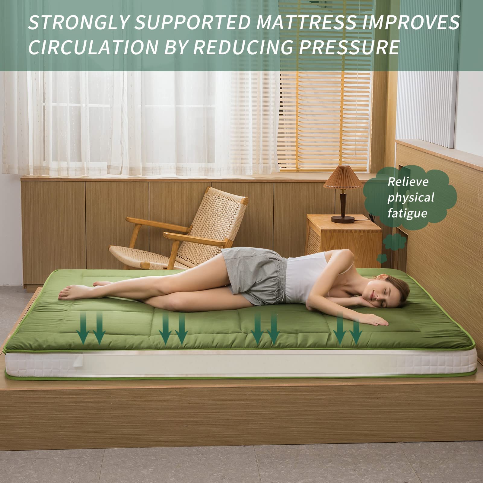 MAXYOYO Futon Mattress - Extra Thick Japanese Floor Mattress & Quilted Bed Topper | Breathable Folding Sleeping Pad for Camping, Guest Bed & Couch Lounger | Twin Size Green Mattress | Perfect for Small Spaces, Sleepovers & Outdoor Adventures