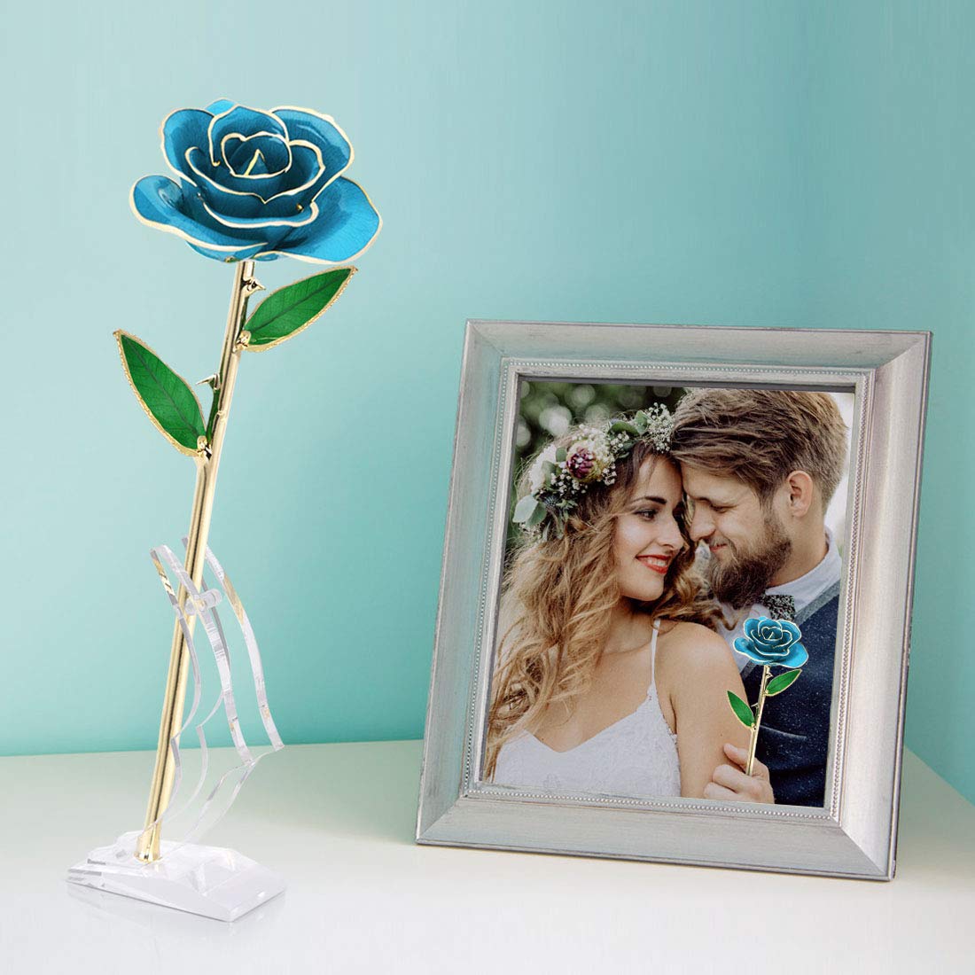 24K Gold Dipped Rose Gift for Mom, Wife, Girlfriend - Romantic Proposal Present for Birthday, Christmas, Valentine's Day & Anniversary - Light Blue Rose with Display Stand - Perfect for Special Occasions, Home Decor & Surprise Proposals