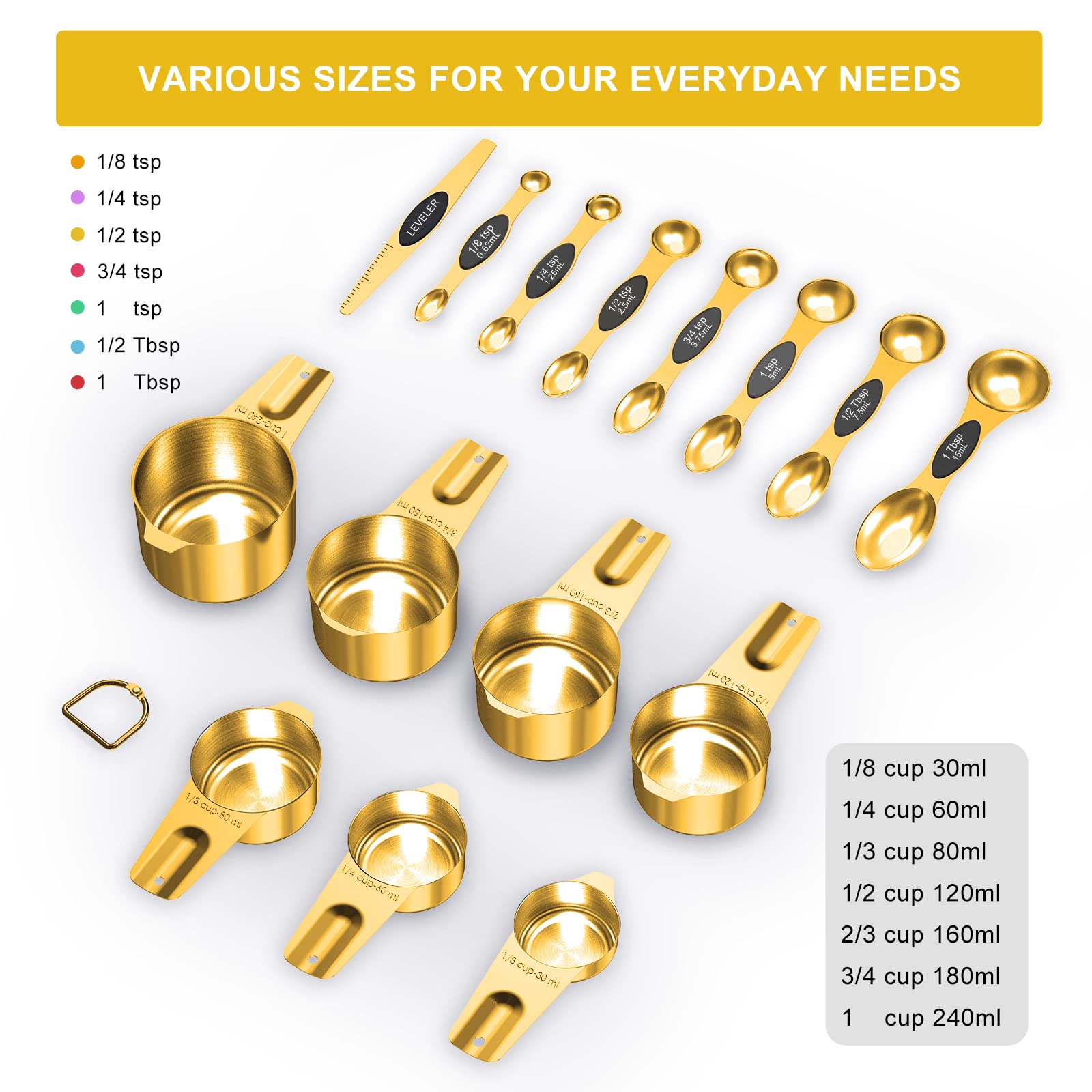 Premium 15-Piece Gold Measuring Cups and Spoons Set - 18/8 Stainless Steel Kitchen Tools with 7 Nesting Cups & 8 Magnetic Spoons - Perfect for Baking, Cooking, Meal Prep and Gift Giving