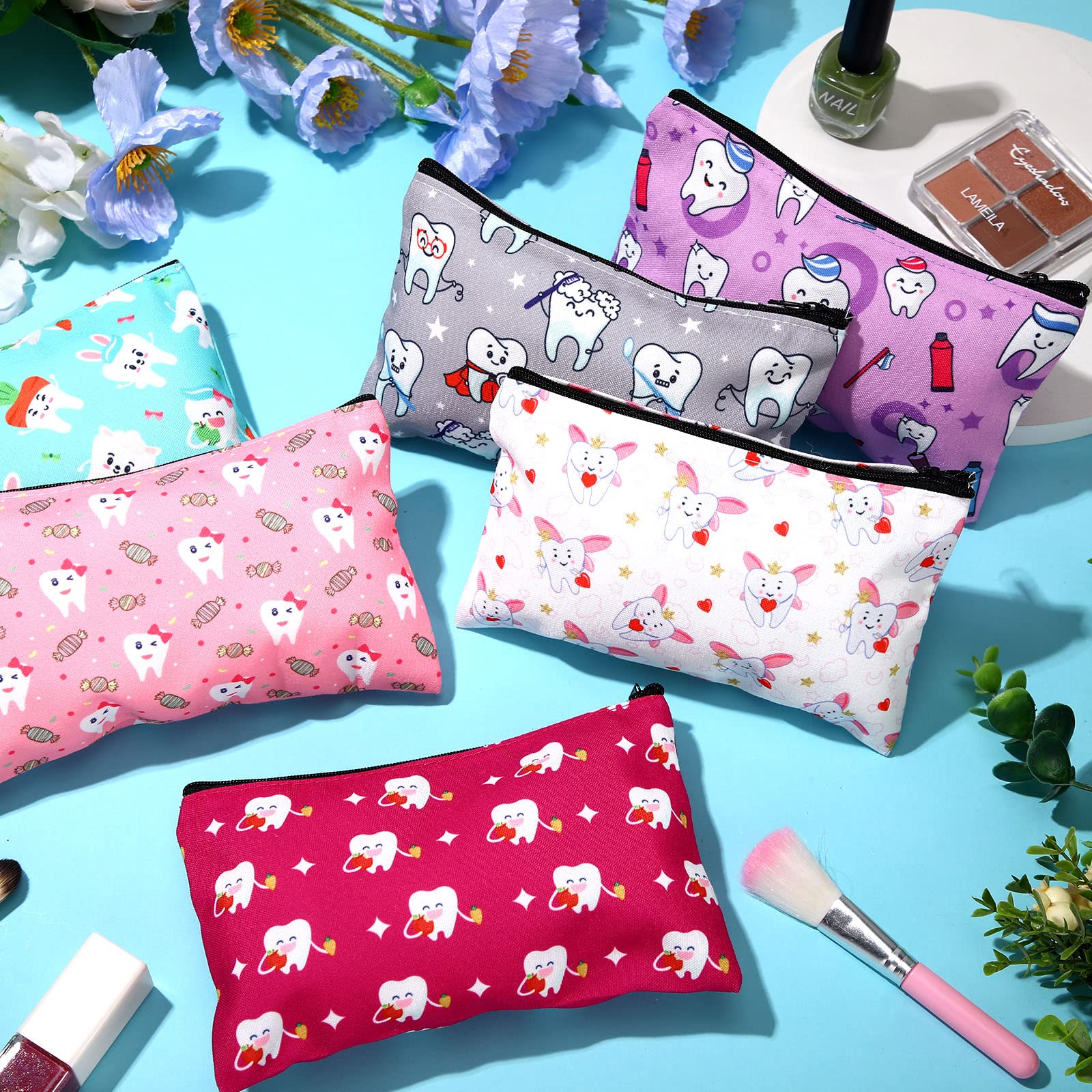 16 Pcs Cute Waterproof Teeth Makeup Bag - Travel Cosmetic Organizer with Zipper, Dental Hygienist Gifts for Women, Perfect for Dental Assistant Accessories & Toiletry Storage | Great for Travel, Work, and Daily Beauty Organization