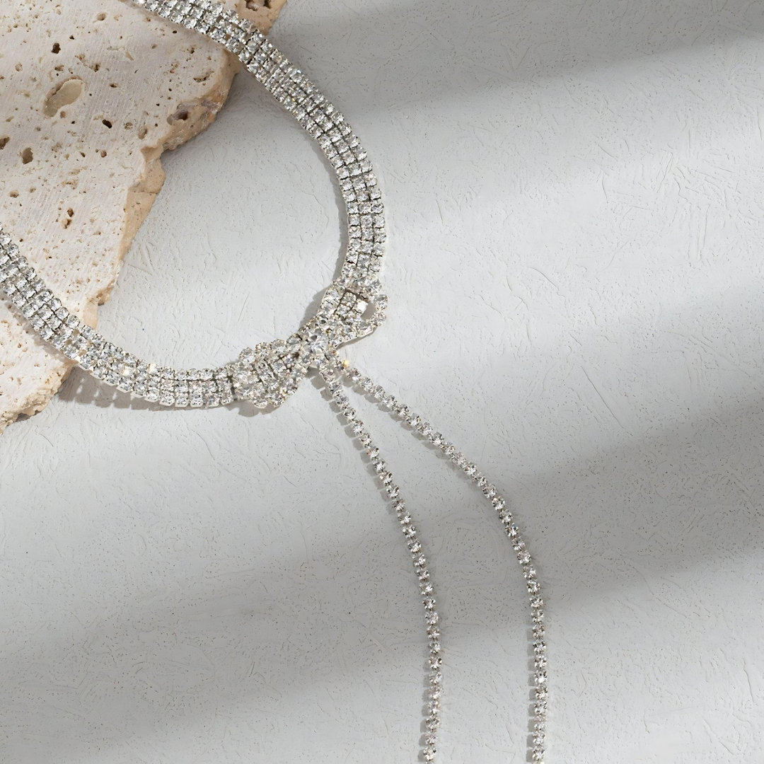 Sparkly Rhinestone Ribbon Choker Necklace for Women | Elegant Y Necklace with Crystals | Perfect for Parties, Weddings & Evening Events | HN537