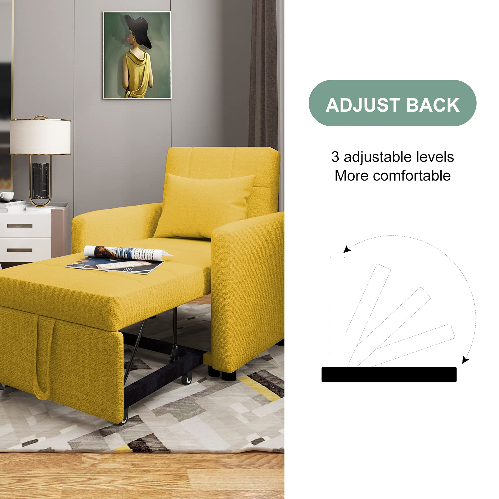 Merax 3-in-1 Convertible Chair Bed - Adjustable Backrest Sofa, Lounger & Single Sleeper Bed with Pillow | Modern Space-Saving Furniture for Small Apartments, Guest Rooms & Home Offices