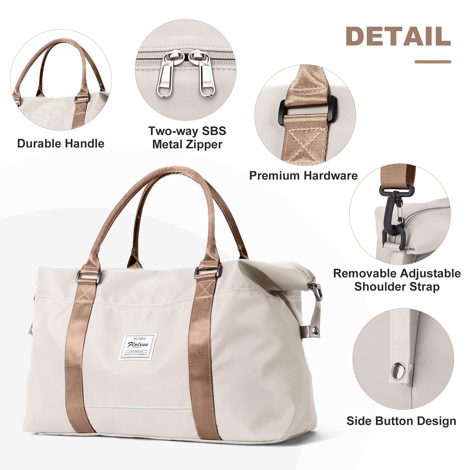 Women's Extra Large Travel Duffel Bag with Toiletry Bag & Wet Pocket - Waterproof Weekender Overnight Bag, Gym Bag, Carry-on Luggage for Travel, Workout, Camping - Beige & Brown
