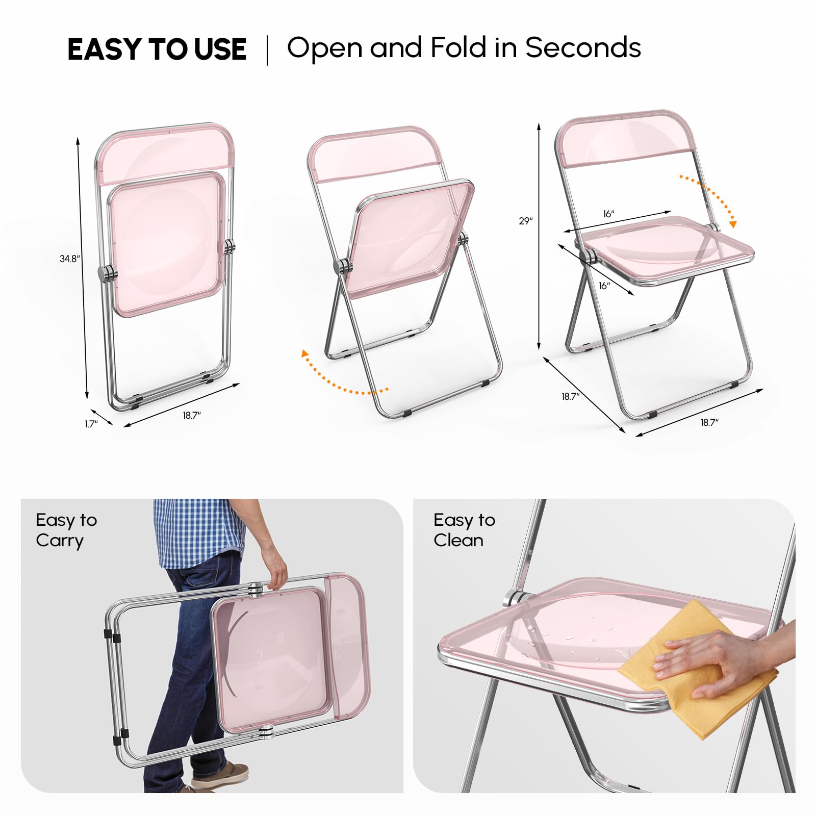 VINGLI 2 Pack Clear Acrylic Folding Chairs - Foldable Stackable Plastic Panel with Metal Chrome Frame - 350 lbs Weight Capacity - Pink - Perfect for Weddings, Parties, Events & Outdoor Gatherings