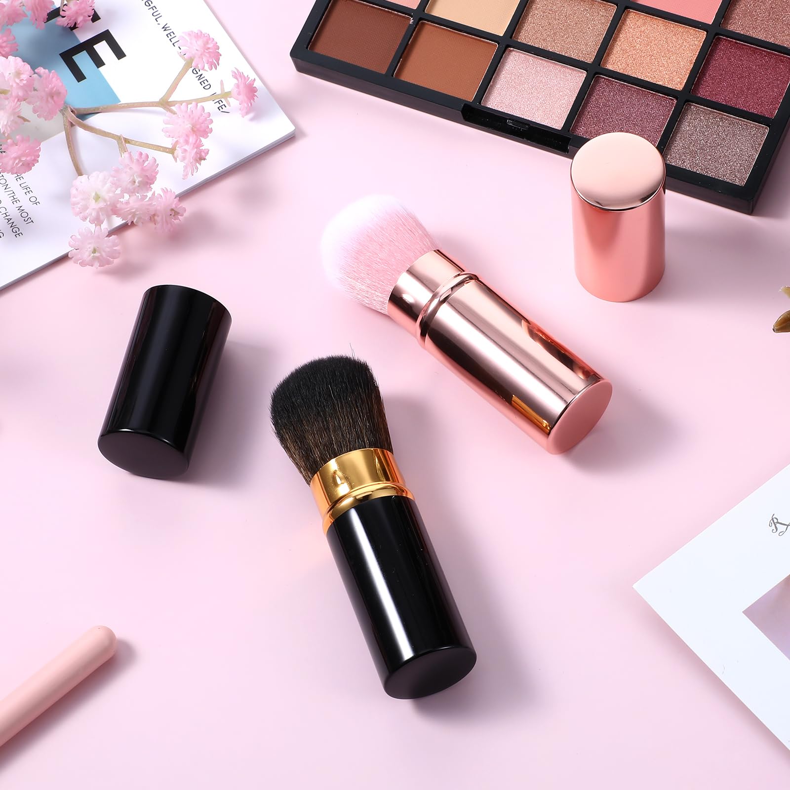 Retractable Travel Makeup Brushes Set for Women - Foundation & Blush - Gold & Black - Perfect for On-the-Go Beauty
