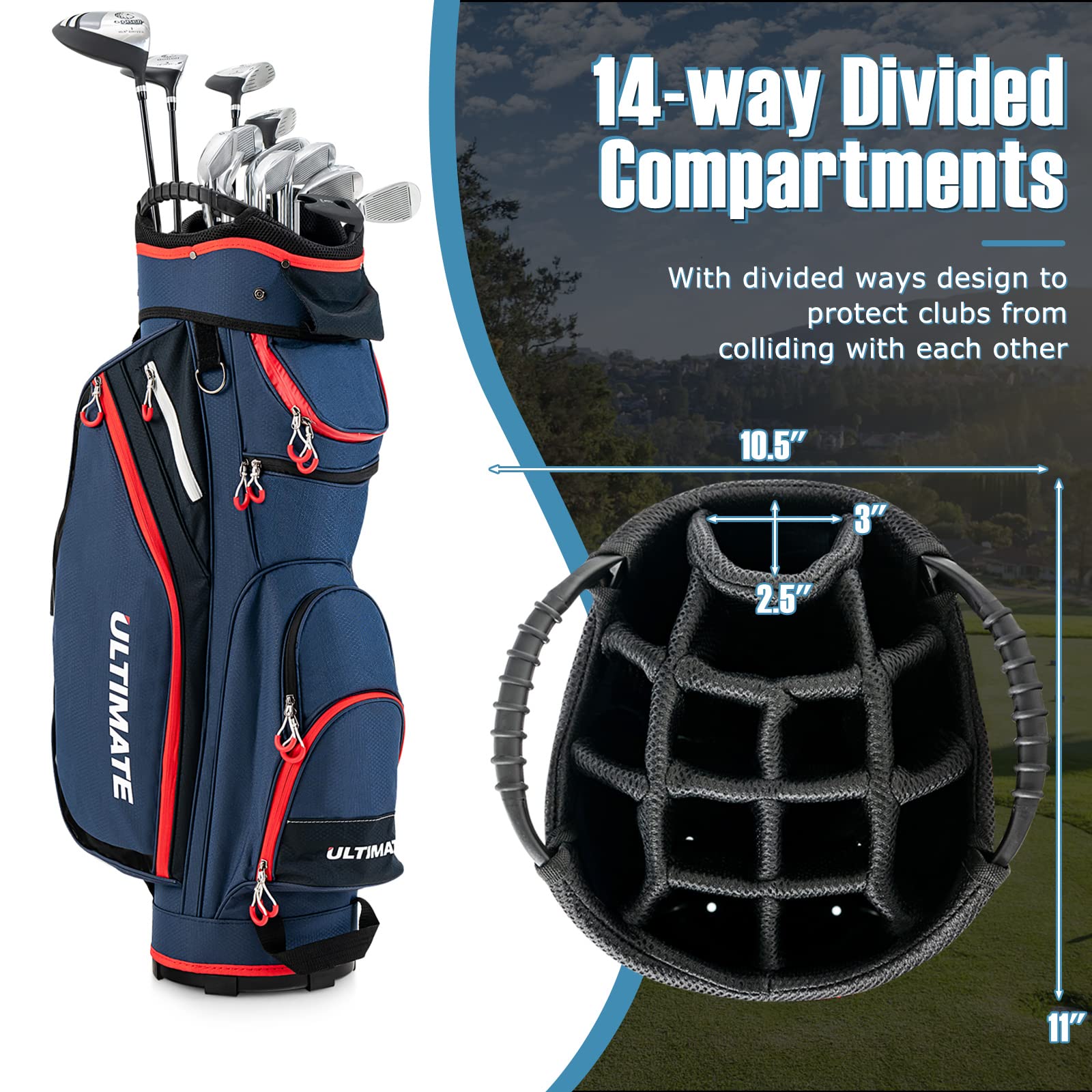 GYMAX 14-Way Divider Golf Cart Bag with Rain Hood & Cooler Pocket - Waterproof Lightweight Golf Club Bag for Men & Women - Perfect for Golf Courses, Driving Range & Travel (Navy)