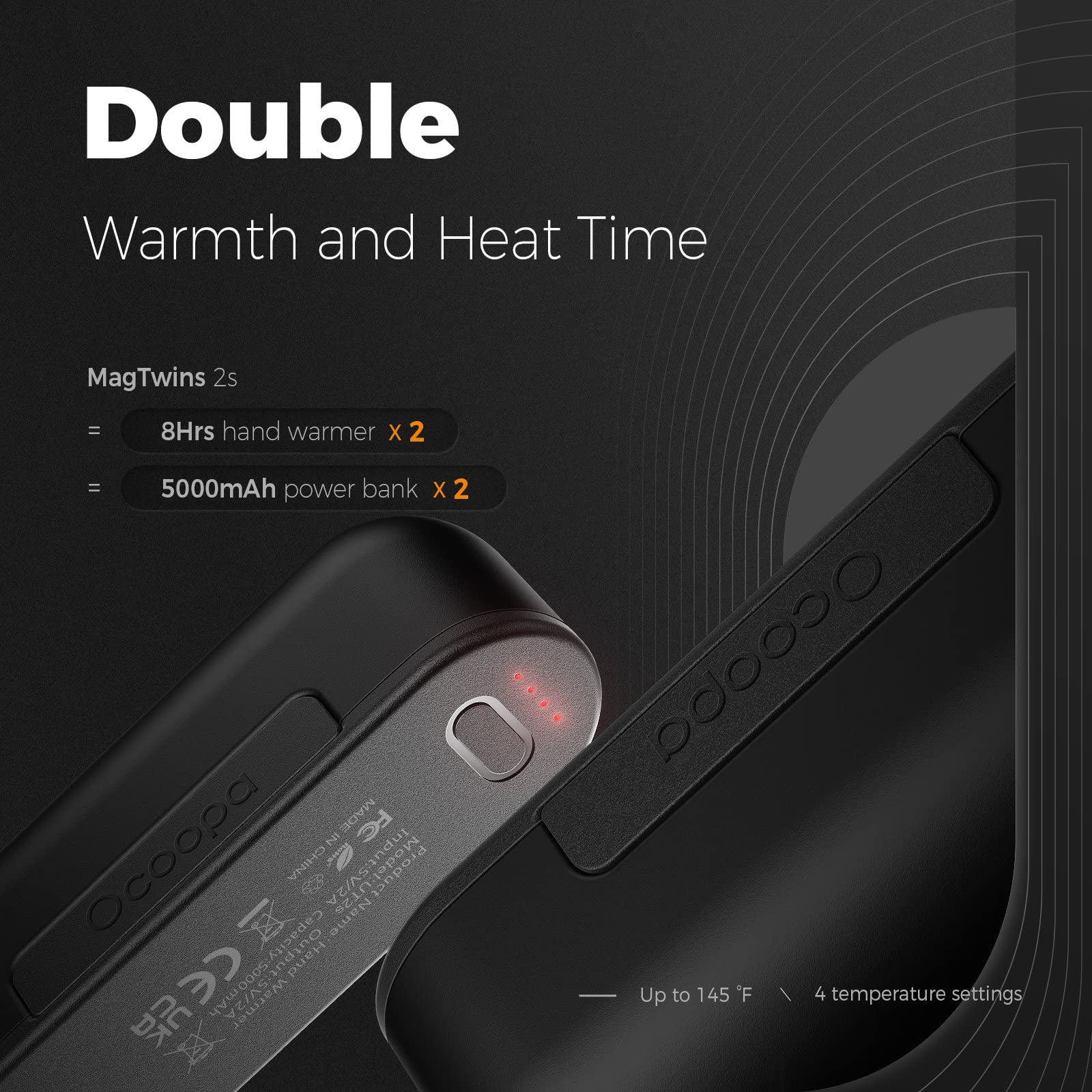 OCOOPA Rechargeable Hand Warmers 2 Pack - 10000mAh USB-C Portable Heater with 4 Heat Levels up to 136°F - Magnetic Electric Hand Warmer for Raynaud's, Golf, Hiking, Skiing & Winter Outdoor Activities - Perfect Tech Gift for Men & Women (UT2s MagTwins)