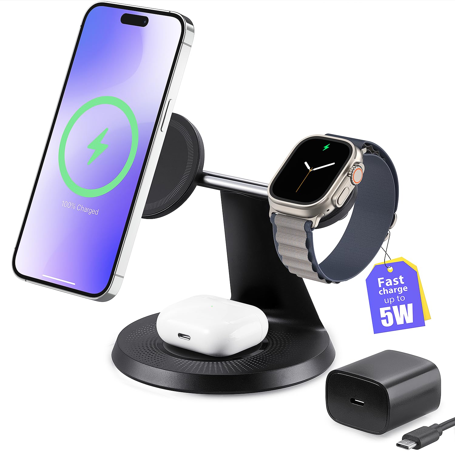 3-in-1 Fast Wireless Charging Station with MagSafe for iPhone 12-16, Apple Watch & AirPods - Compact Charging Stand for Home, Office & Travel | Perfect for Nightstand, Desk & Car Use