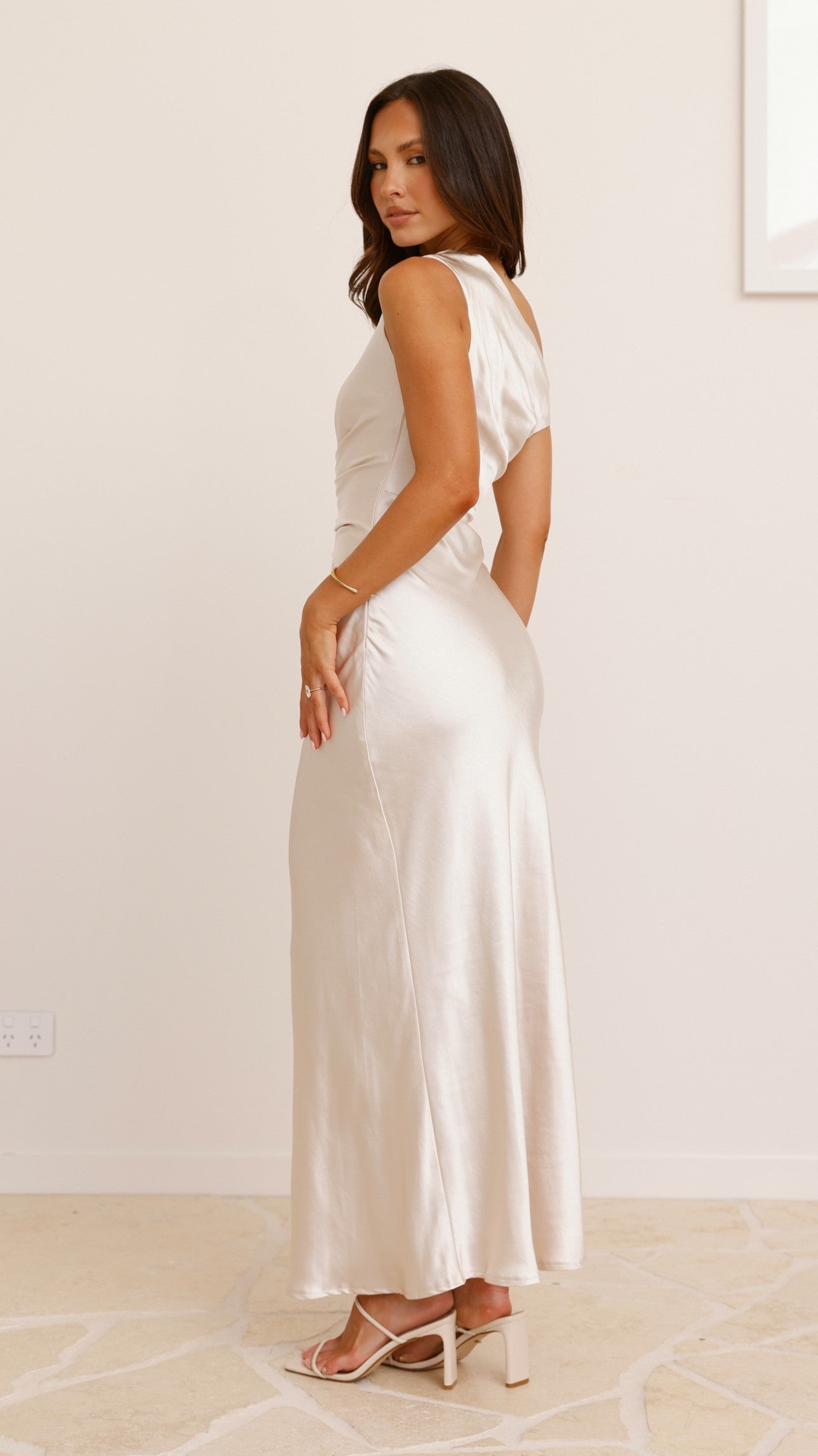 Auria Off Shoulder Maxi Dress in Champagne - Elegant Summer Beach Wedding Guest Dress for Women