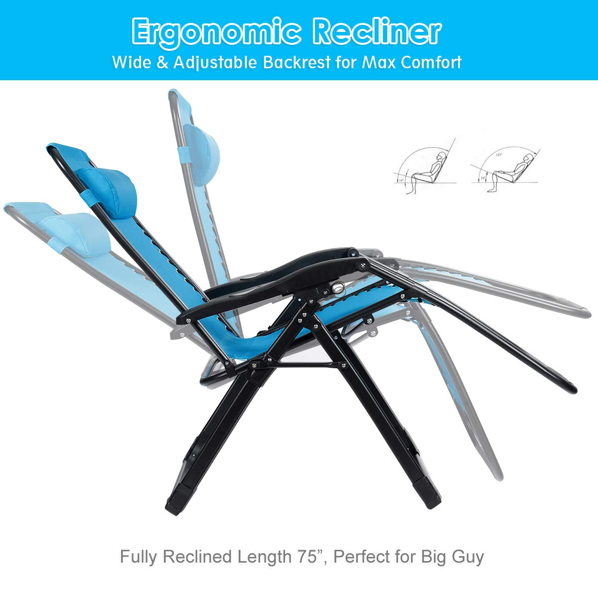 Goplus Zero Gravity Chairs - Extra Large Outdoor Lounge Chair with Cup Holder & Removable Headrest, Adjustable Folding Patio Recliner for Pool, Porch, Deck - Oversized Comfort (Blue) | Perfect for Relaxing in Backyard, Beach, Camping & Sunbathing