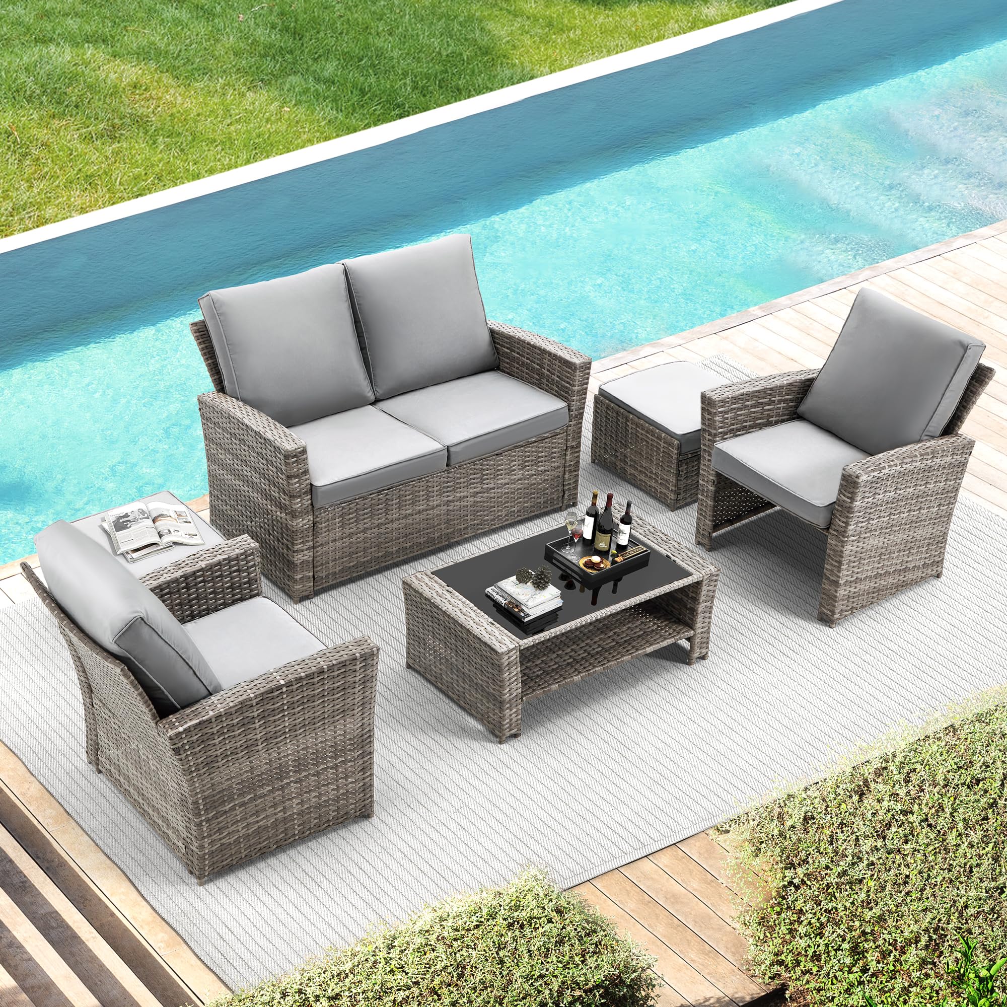 GYUTEI 6-Piece Outdoor Patio Furniture Set - Dark Gray Rattan Sectional Sofa with Ottoman & Storage Table - Weather-Resistant Garden, Porch, Backyard Conversation Set for Relaxing & Entertaining