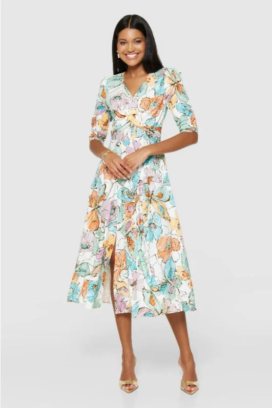 Orla Floral Midi Dress for Women - Orange Summer Floral Print Sundress | Perfect for Beach Vacations, Garden Parties & Date Nights