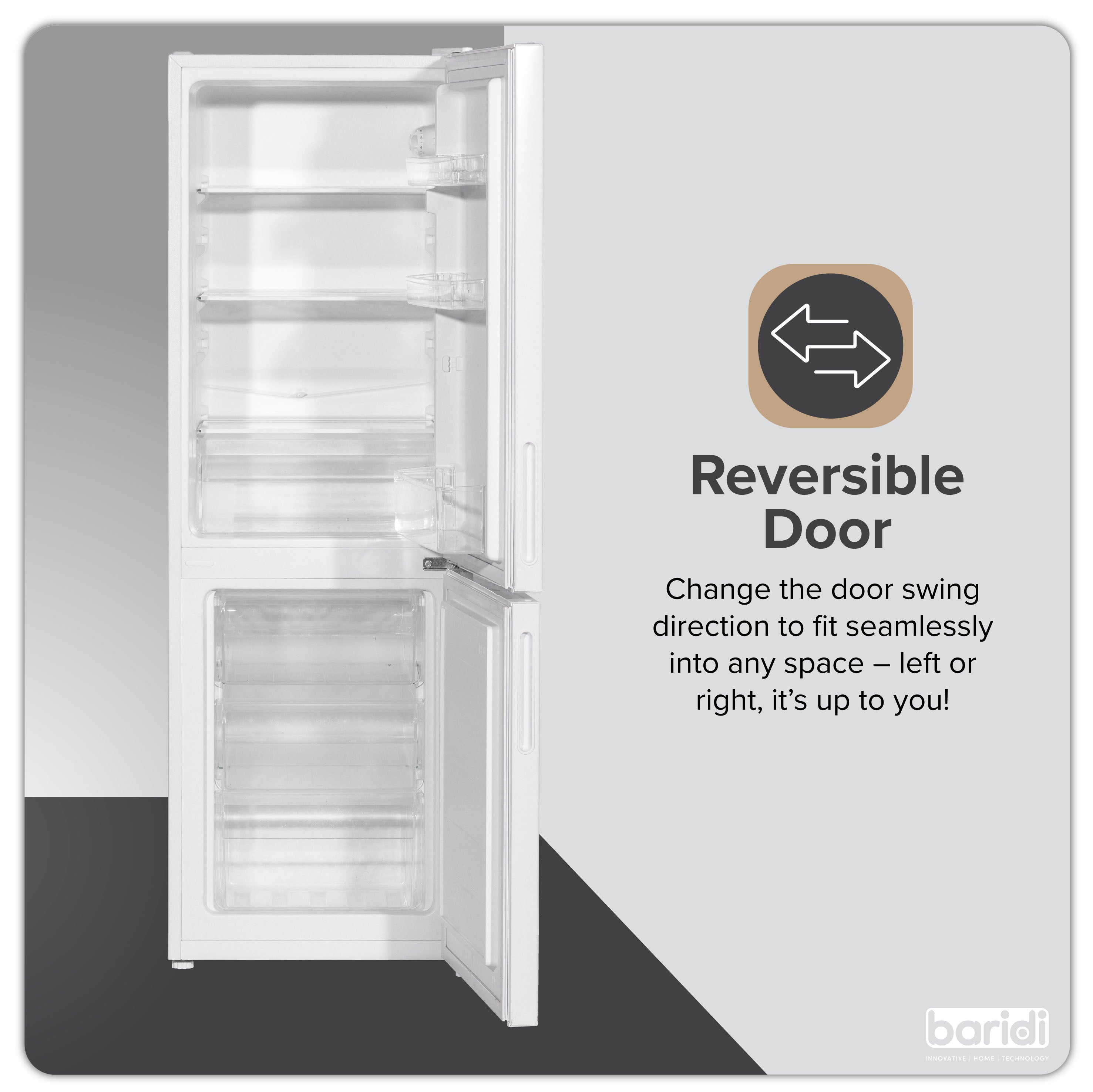 Baridi 47cm 70/30 Fridge Freezer with Adjustable Thermostat, 157L Capacity - Energy Efficient Compact Refrigerator for Home, Office, Dorm, or Apartment - White (Model DH252)