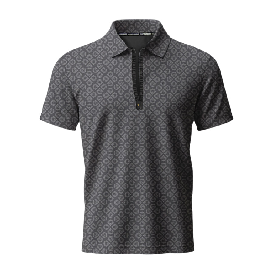 Valuetainment Lion Shield Performance Black & Grey Zipper Polo Shirt - Classic Fit Men's Casual Wear for Business & Outdoor Activities