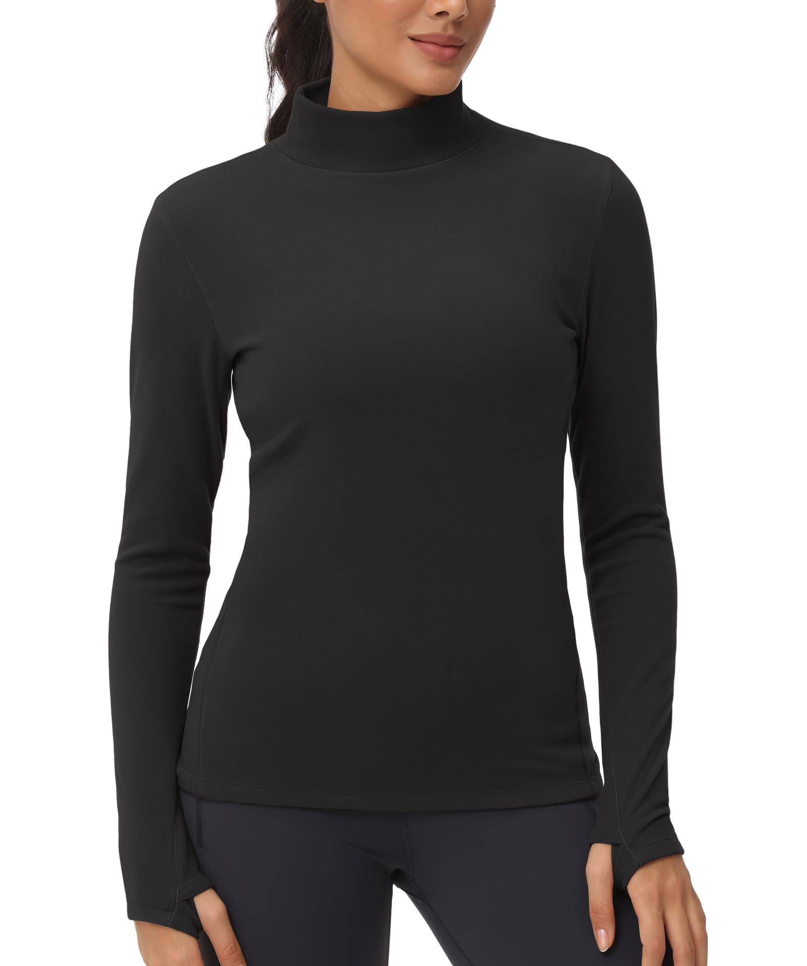 THE GYM PEOPLE Women's Fleece Mock Turtleneck Long Sleeve Thermal Shirt with Thumb Holes - Soft Workout Pullover for Yoga, Running & Cold Weather Layering