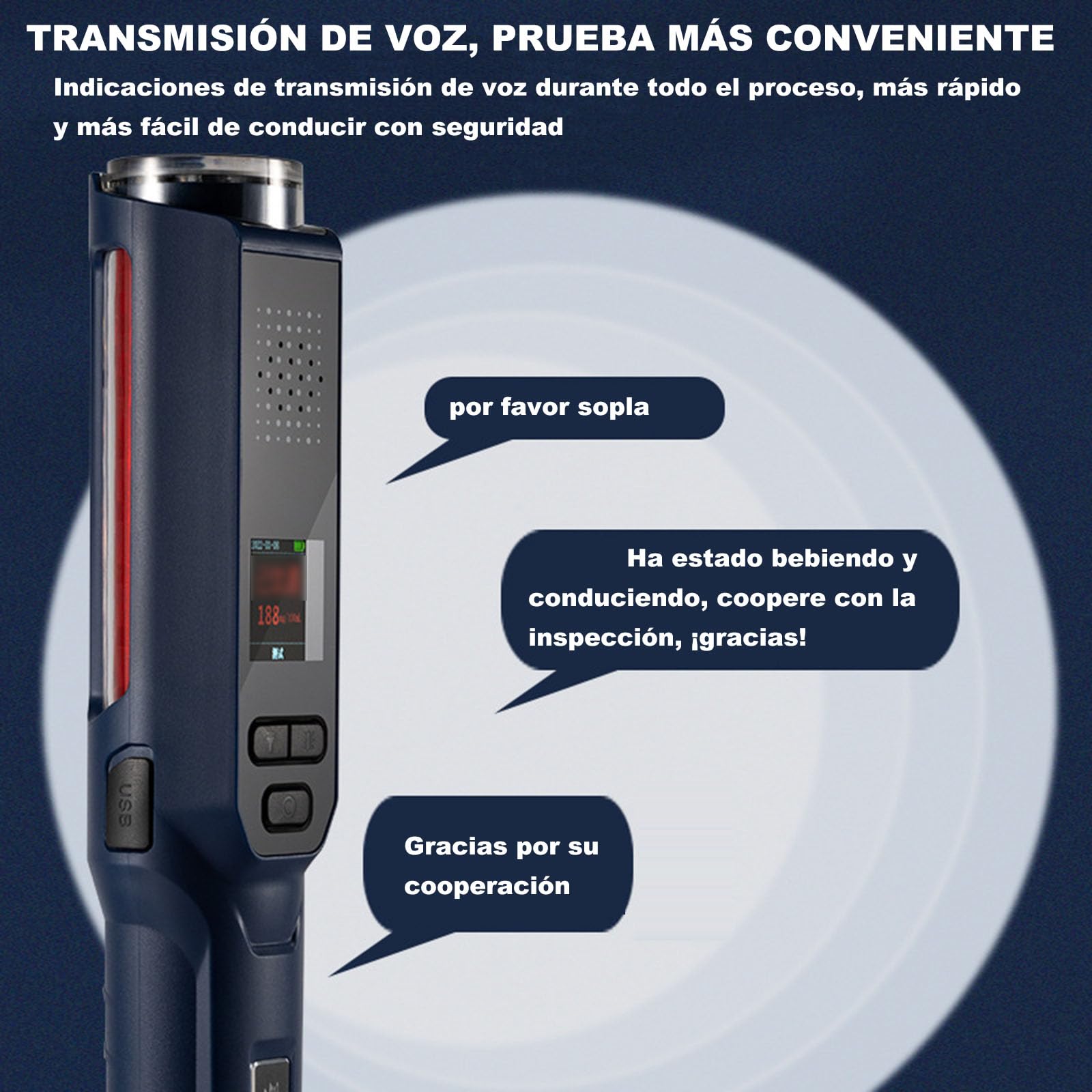 Professional Alcohol Breathalyzer - USB Rechargeable Portable Digital LCD Alcohol Tester with Contactless Quick Detection & Voice Broadcast (Blue, 26.2x4.5cm) - Perfect for Personal Safety, Workplace Testing, and DUI Prevention