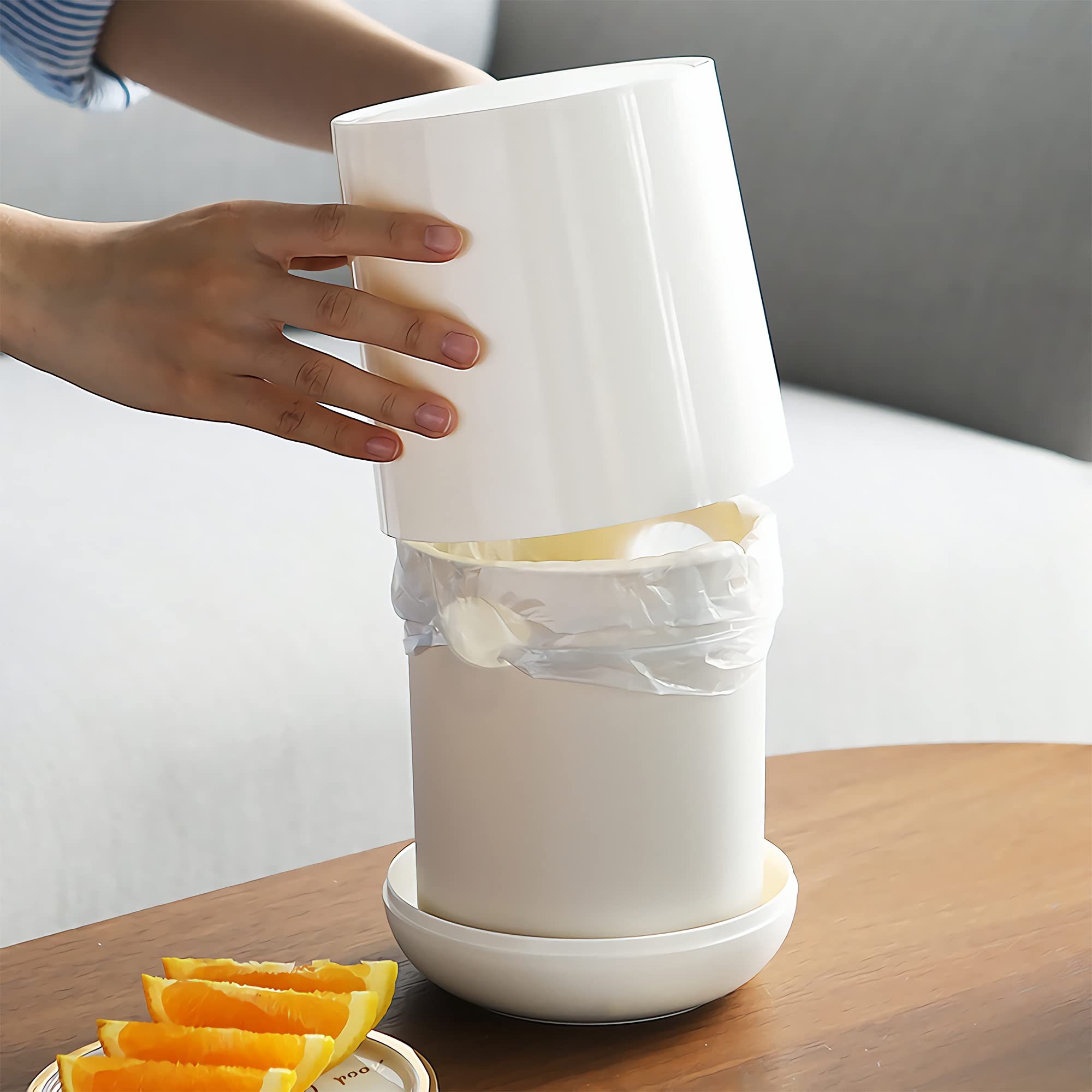 Sheebo 2 Liter / 0.5 Gallon Mini Trash Can with Press Top Lid - Small Waste Bin for Bathroom, Office Desk, Bedroom, Kitchen Countertop - Compact Cylinder Design (White) - Perfect for Small Spaces & Home Organization