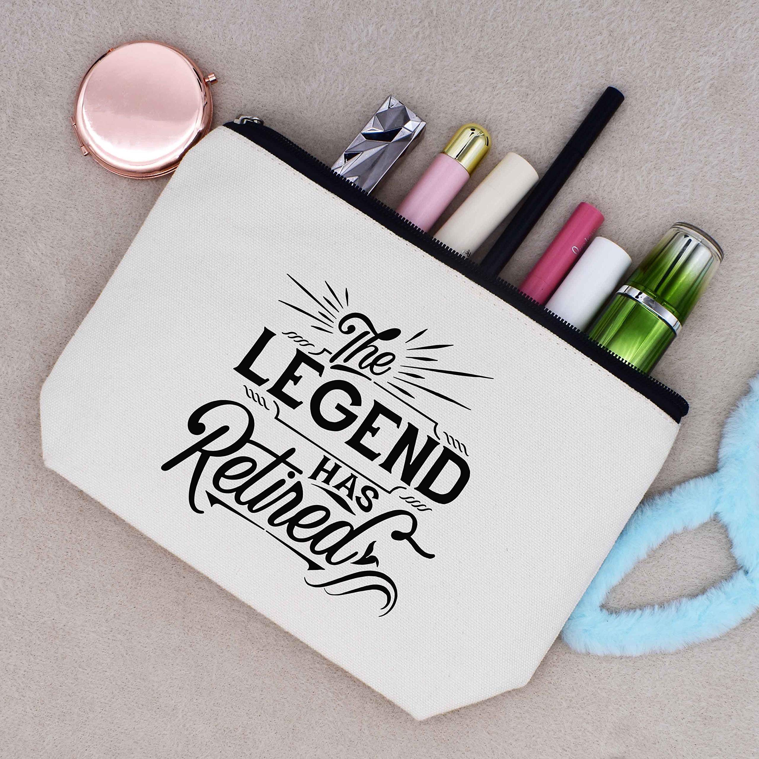 Funny Retirement Gifts for Women - 'The Legend Has Retired' Makeup Bag & Cosmetic Travel Pouch - Perfect Gift for Coworkers, Sisters, Moms, Teachers & Retirees - Great for Travel, Work & Everyday Use