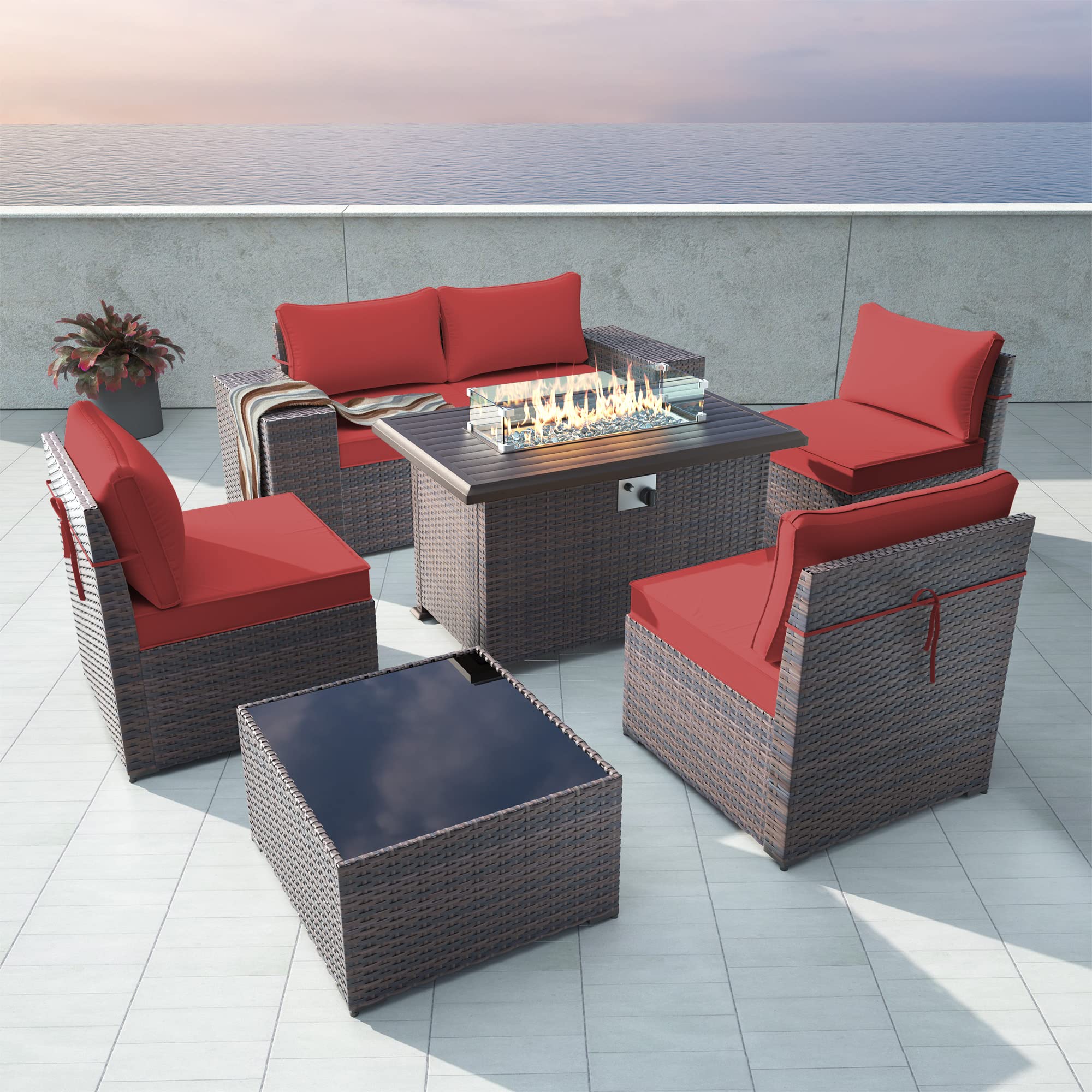 Gotland 7-Piece Outdoor Patio Furniture Set with 43-inch Gas Fire Pit Table - 55,000 BTU Auto-Ignition Sectional Sofa Set with Glass Wind Guard - Perfect for Backyard, Garden, Poolside & Patio Relaxation